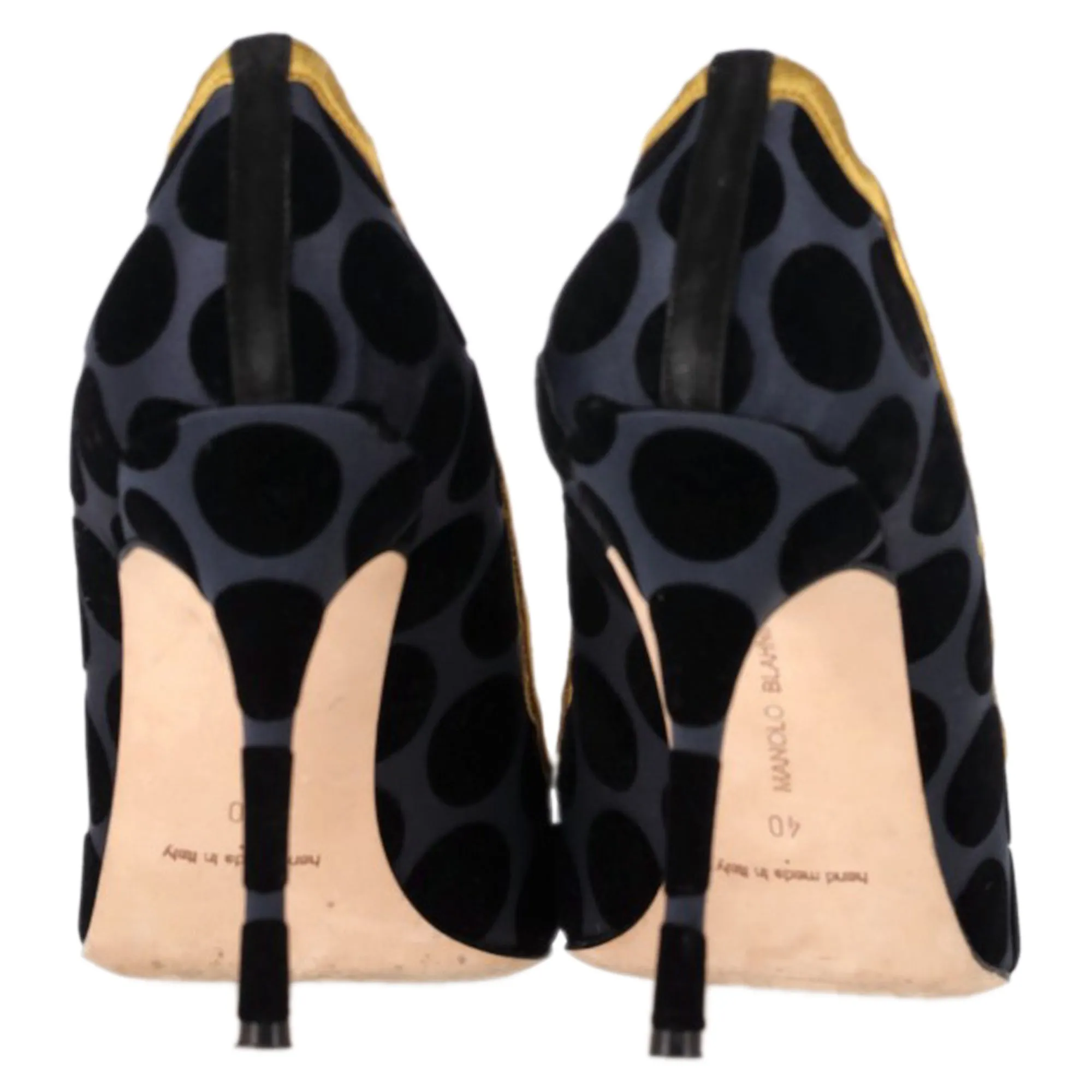 Manolo Blahnik Polka Dot Scalloped Pumps in Navy Blue Satin