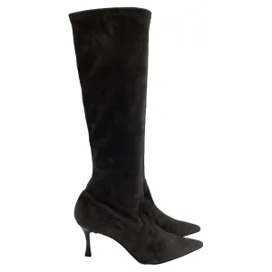 Manolo Blahnik Stretch High Heel Boots in Grey Suede
