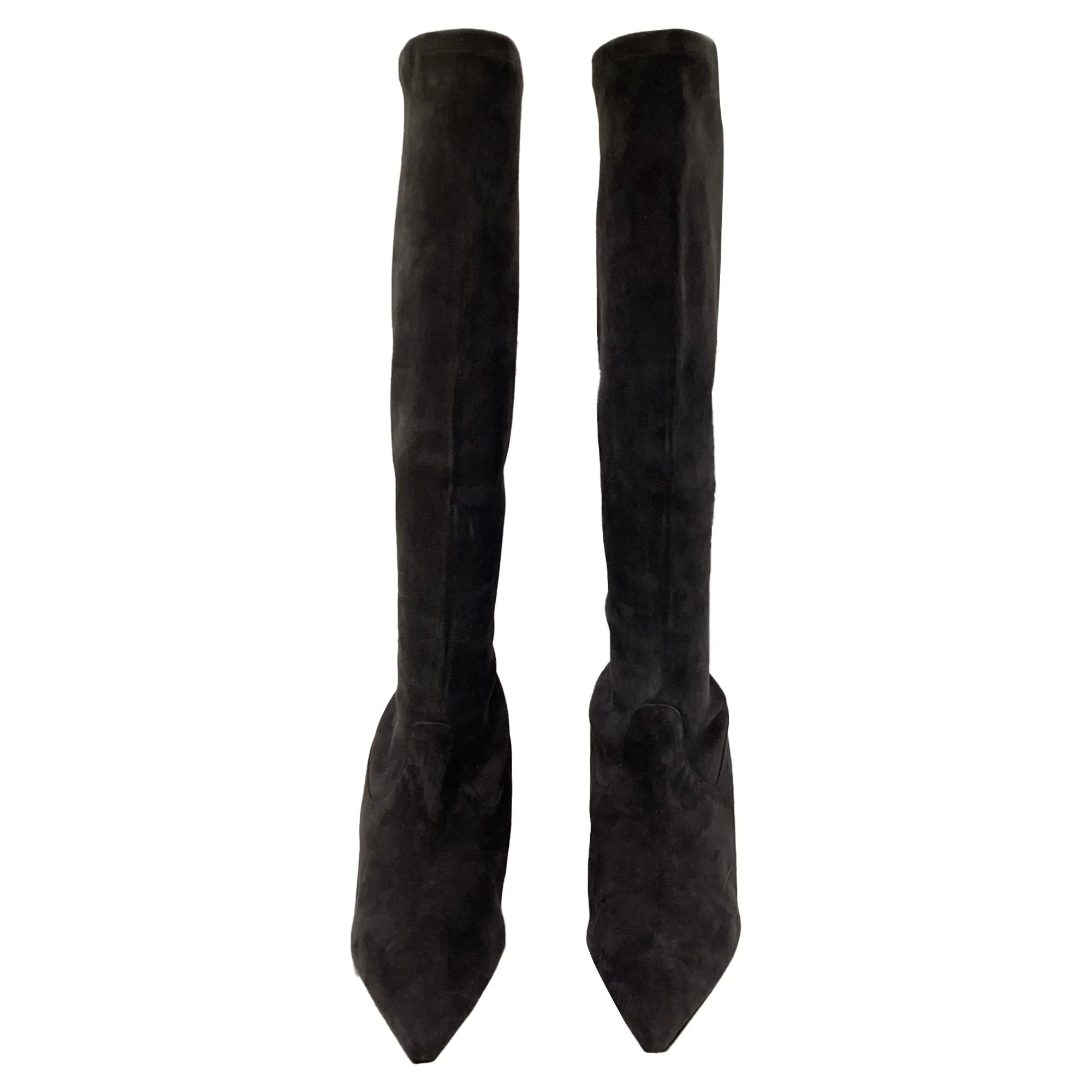 Manolo Blahnik Stretch High Heel Boots in Grey Suede