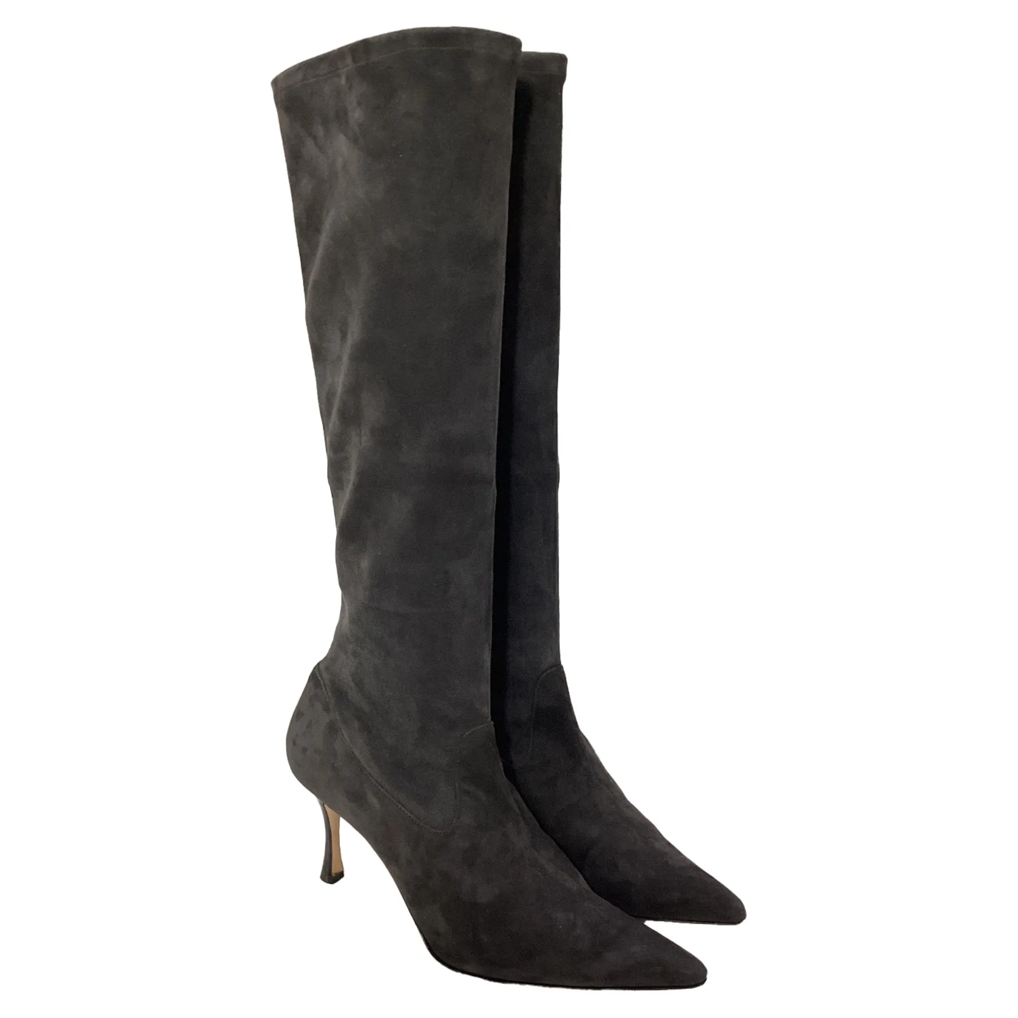 Manolo Blahnik Stretch High Heel Boots in Grey Suede