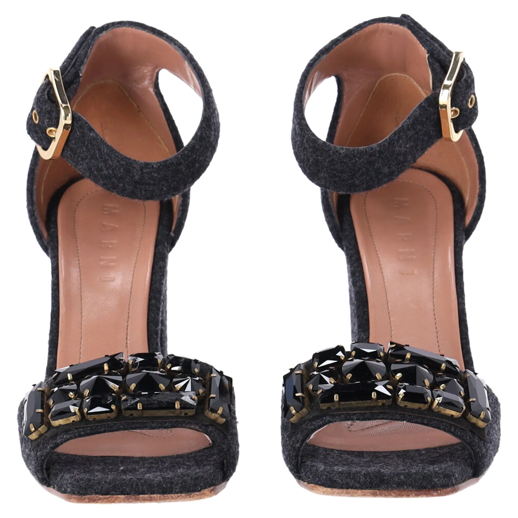 Marni Felt Crystal Embellished Ankle Strap Sandals in Grey Wool