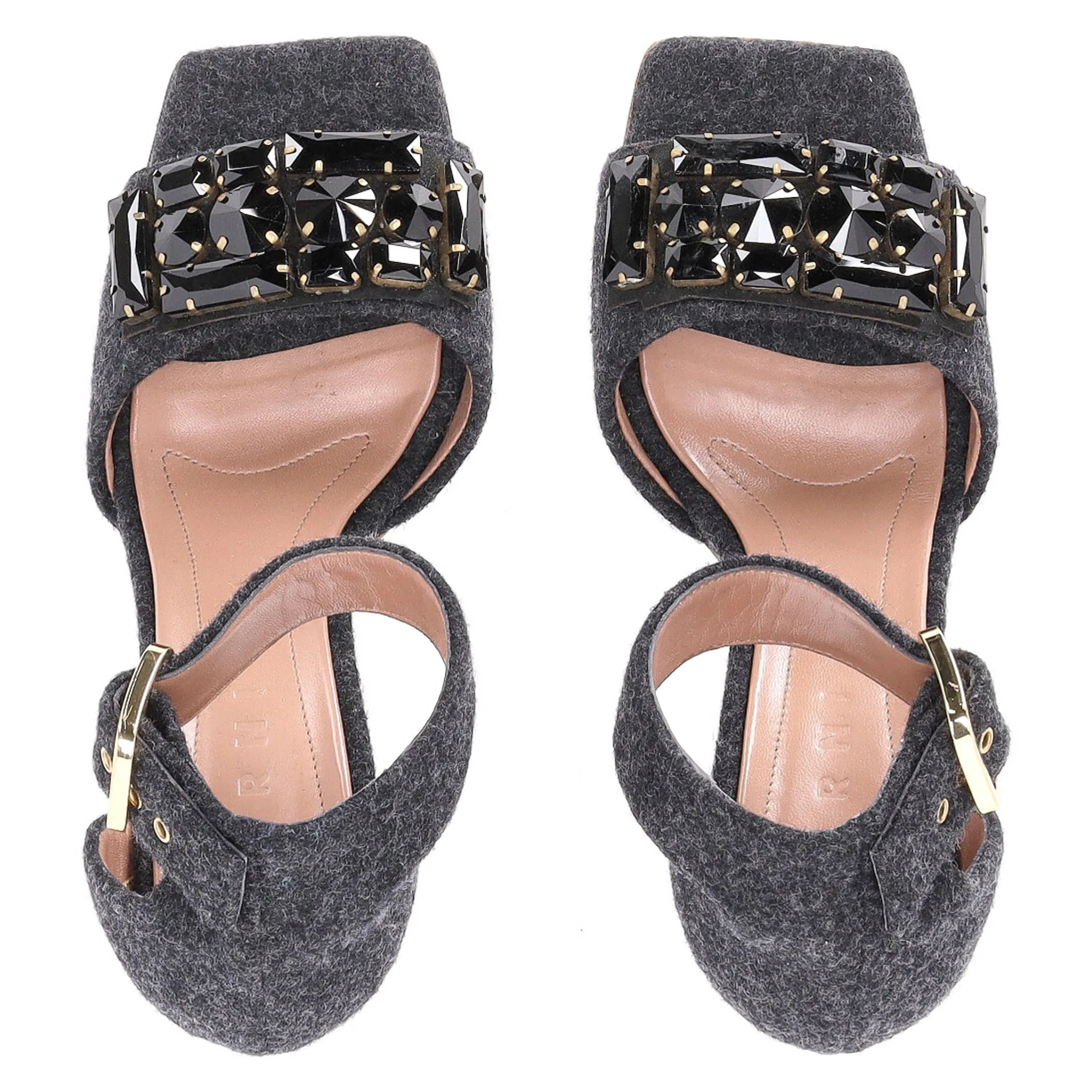 Marni Felt Crystal Embellished Ankle Strap Sandals in Grey Wool