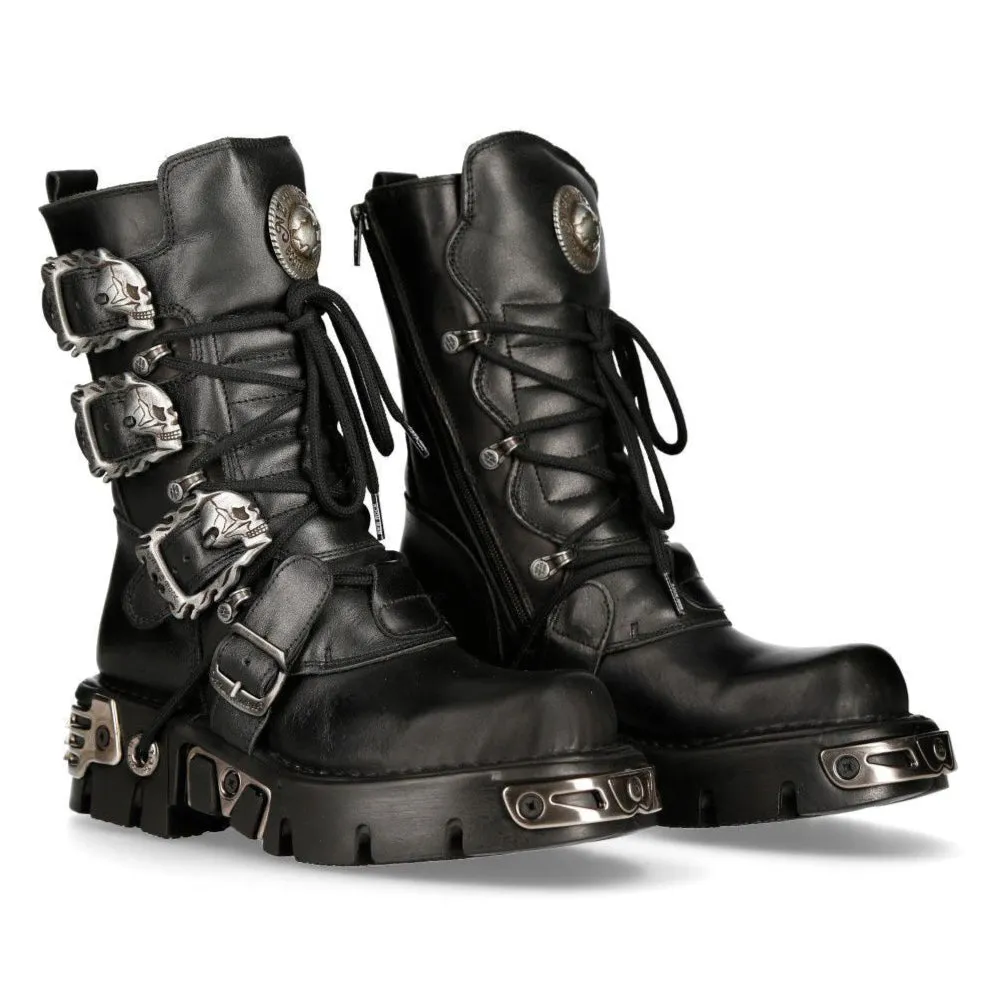 New Rock Black Mid-Calf Gothic Leather Boots-391-S1