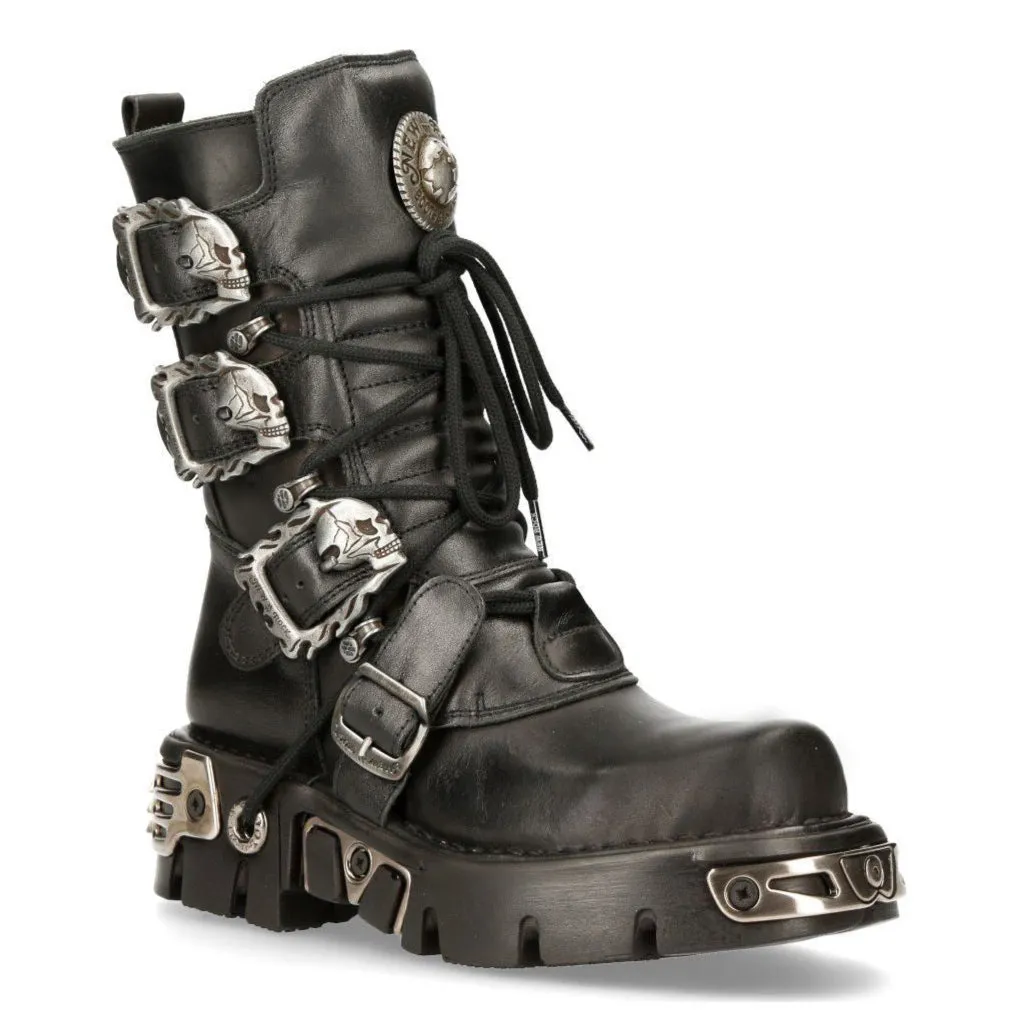 New Rock Black Mid-Calf Gothic Leather Boots-391-S1