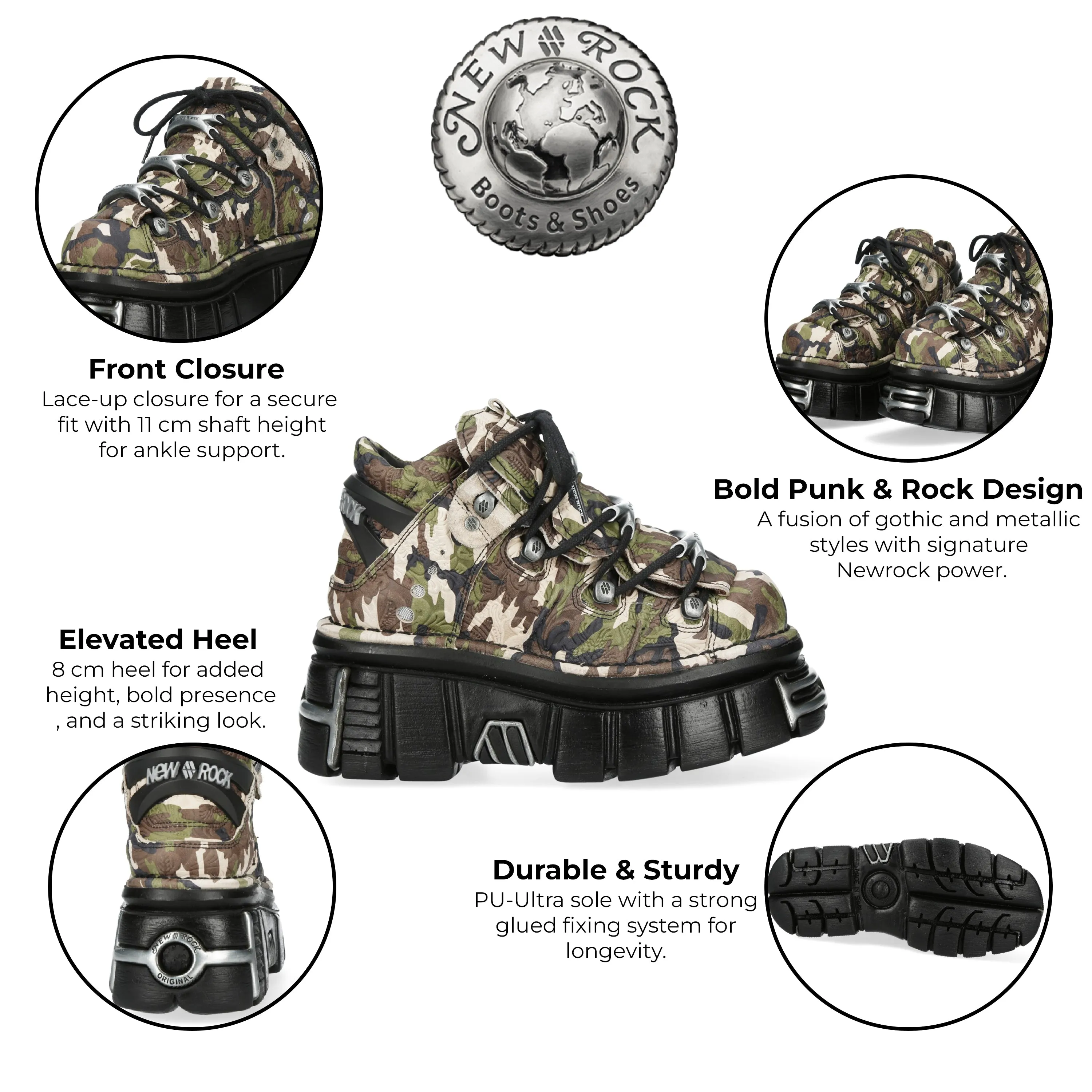 New Rock M-106-C169 Camouflage Leather Metallic Gothic Ankle Boots