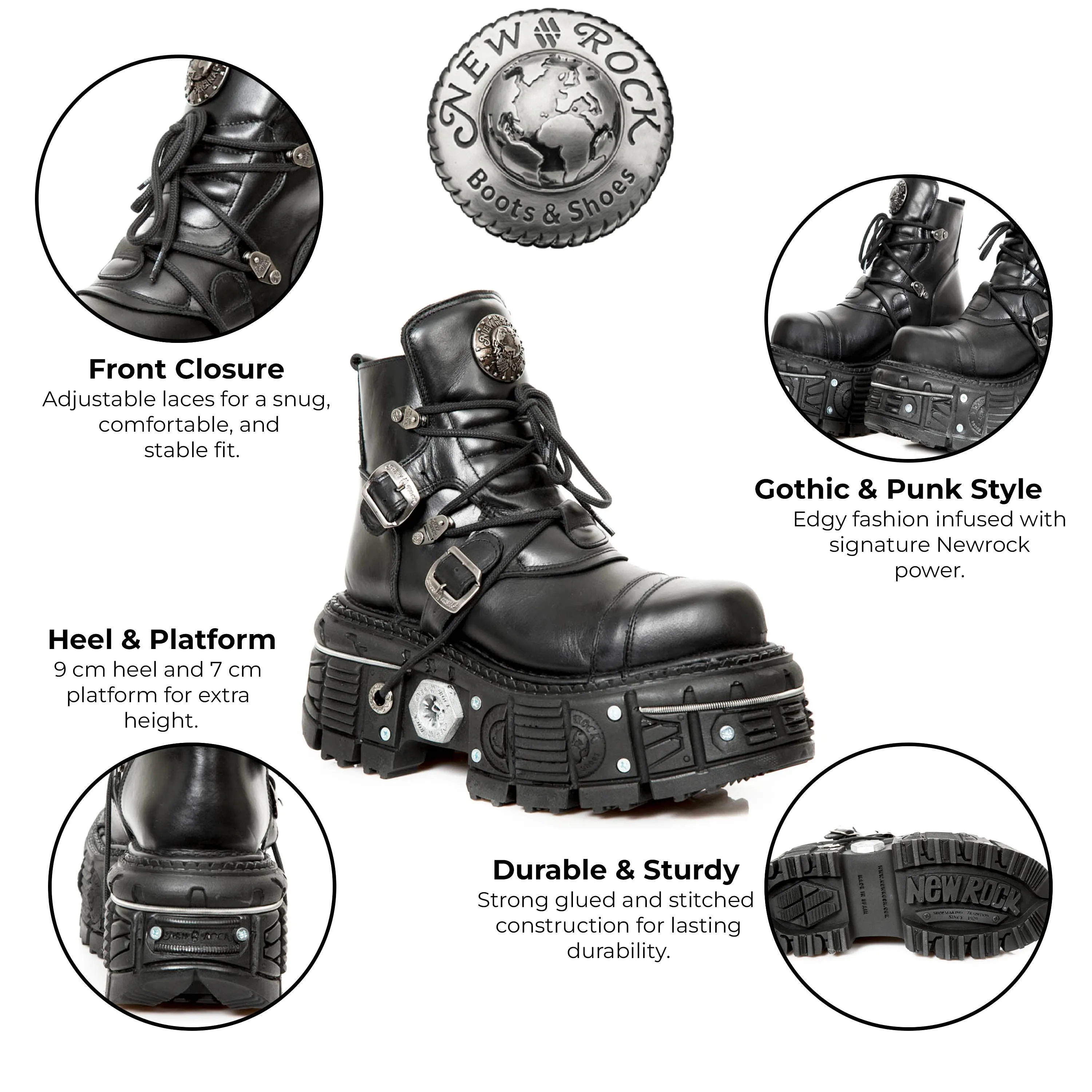 New Rock M-TANK007-S1 Black Leather Gothic Combat Platform Ankle Boots