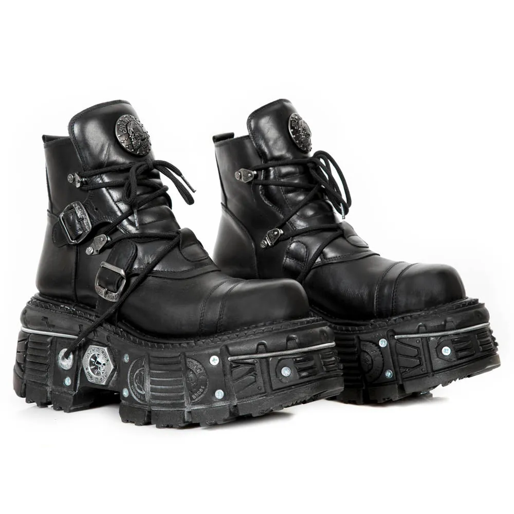 New Rock M-TANK007-S1 Black Leather Gothic Combat Platform Ankle Boots