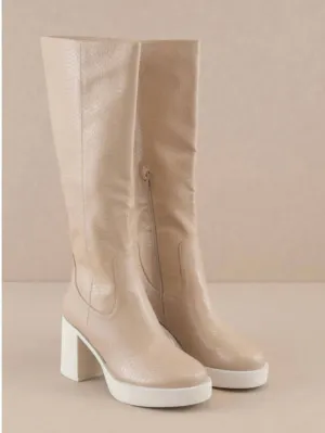 Platform Knee High Boots In Beige