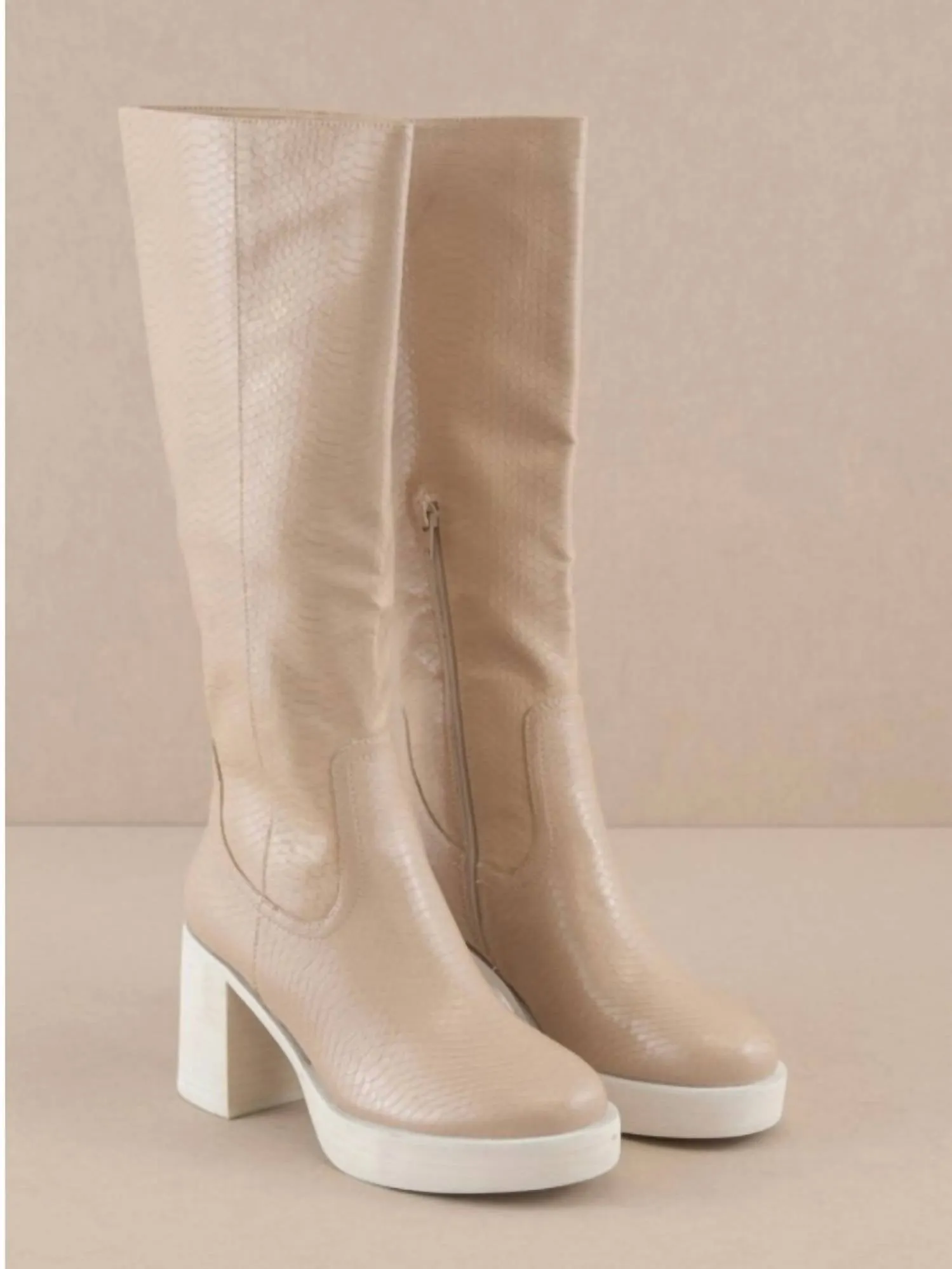 Platform Knee High Boots In Beige