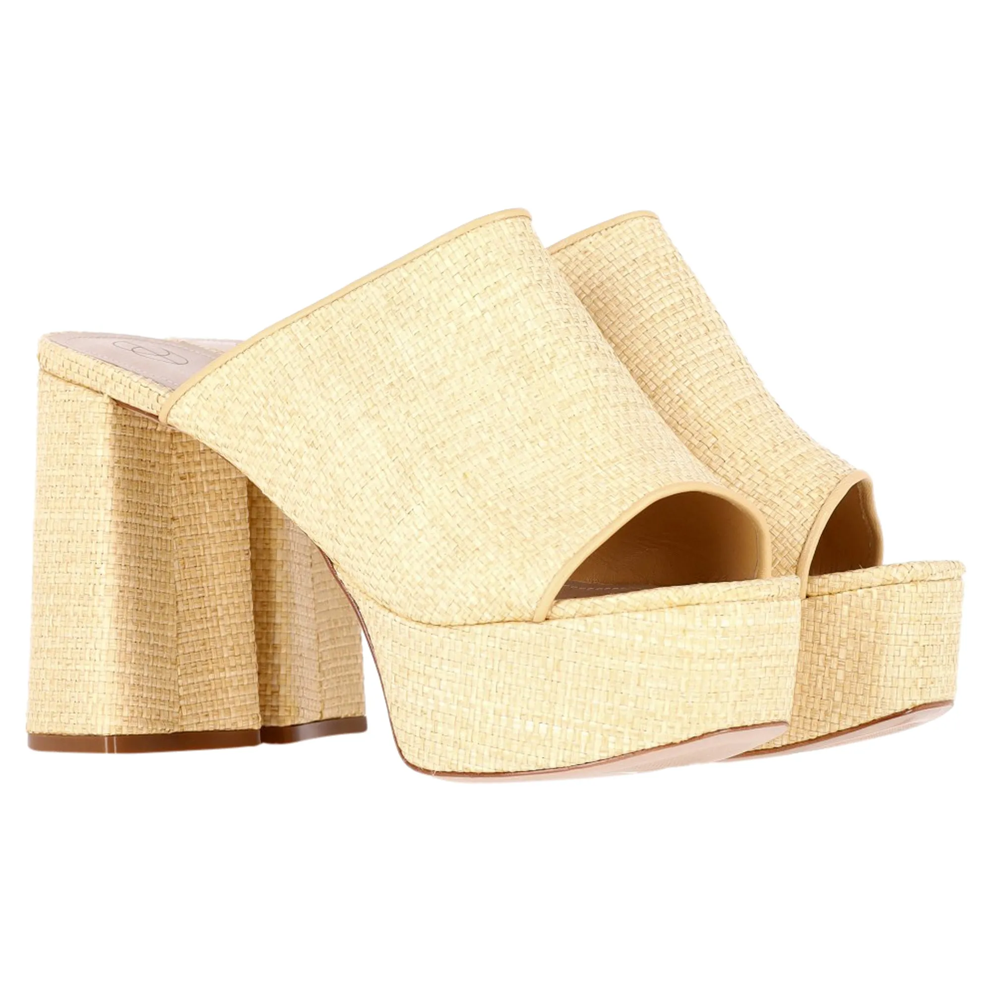 Porte & Paire Weaved Platform Mule Sandals in Yellow Vegetable Fiber