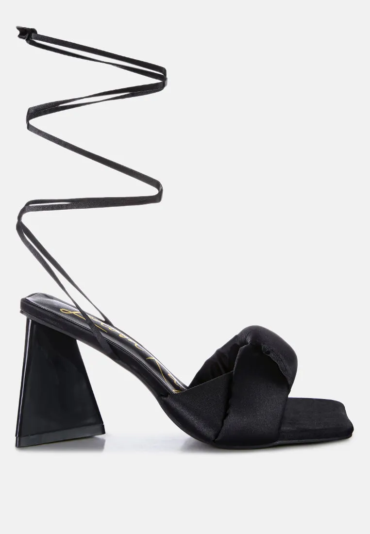 pristine knotted satin strap triangular block heel sandals