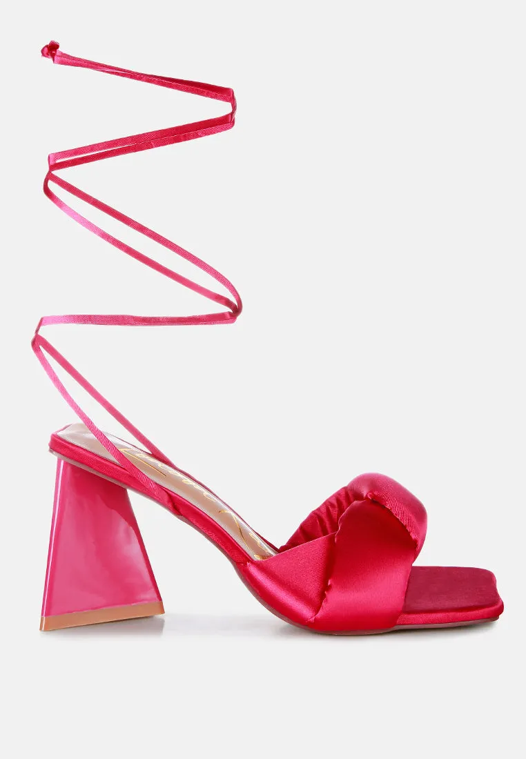 pristine knotted satin strap triangular block heel sandals