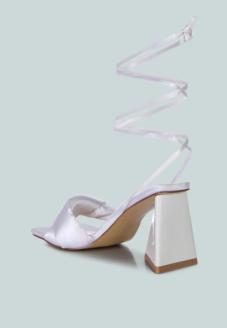 pristine knotted satin strap triangular block heel sandals