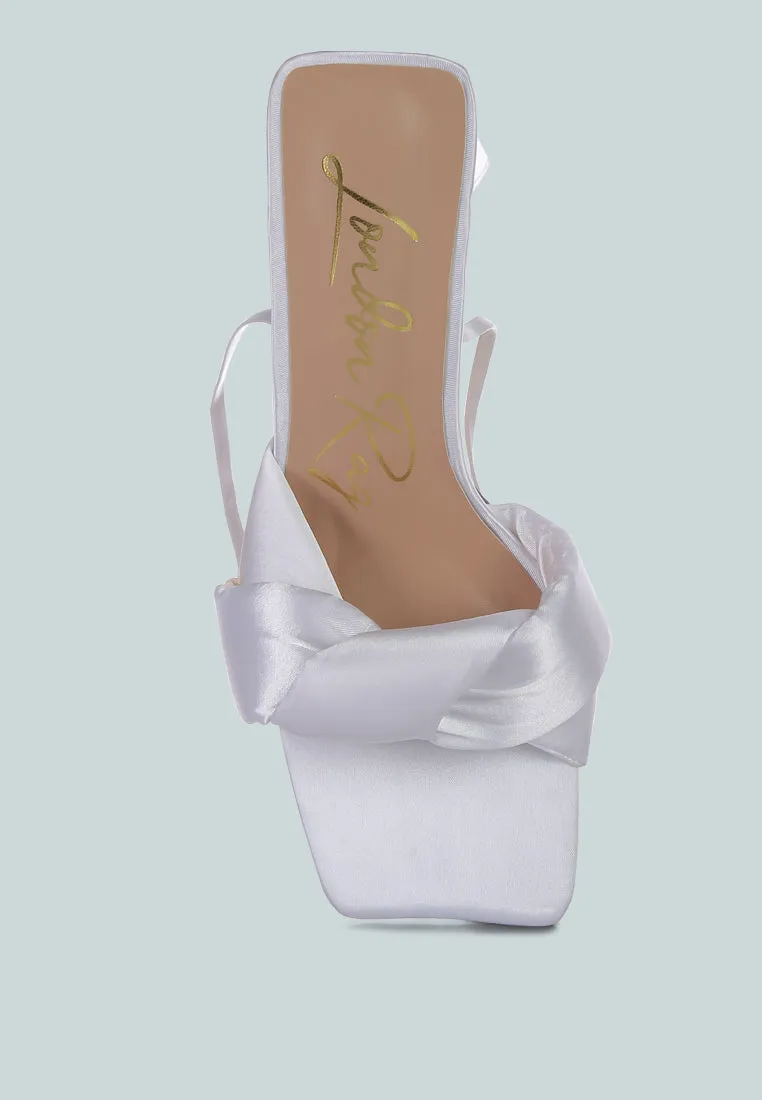 pristine knotted satin strap triangular block heel sandals