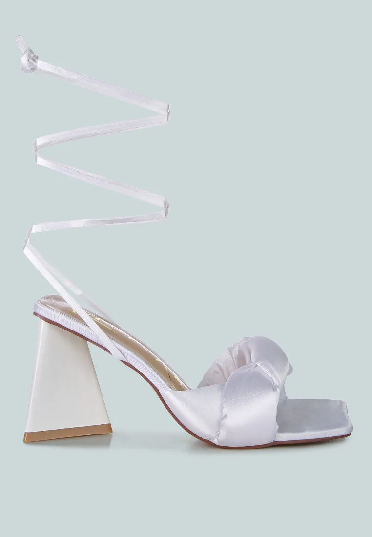 pristine knotted satin strap triangular block heel sandals