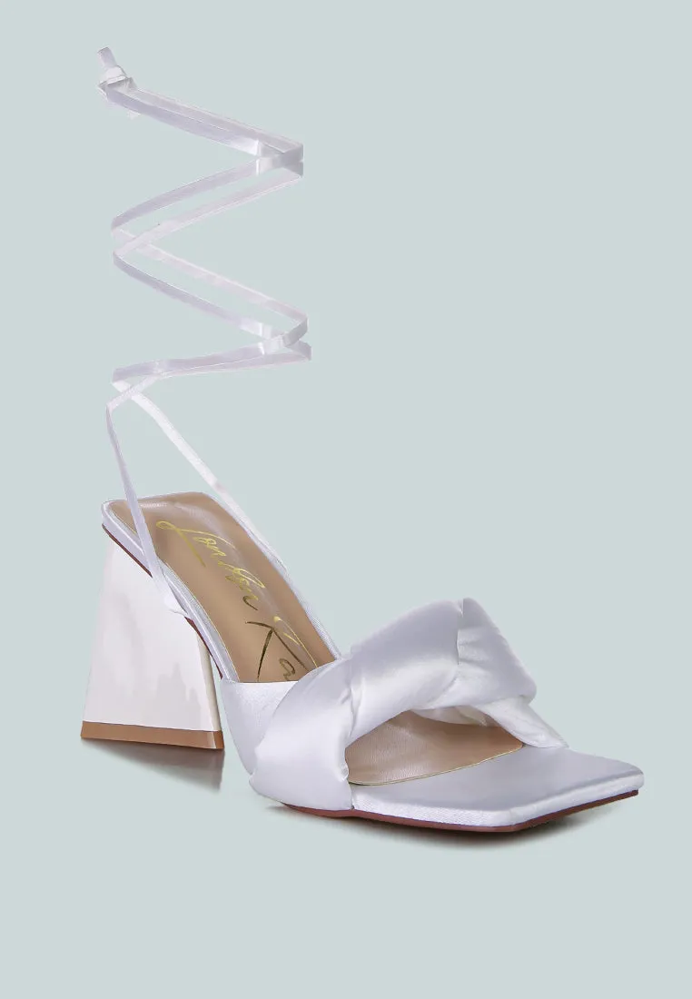 pristine knotted satin strap triangular block heel sandals