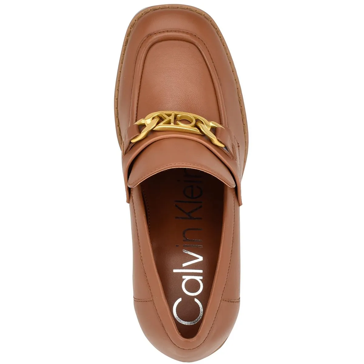 Roberte Womens Faux Leather Embellished Logo Loafer Heels