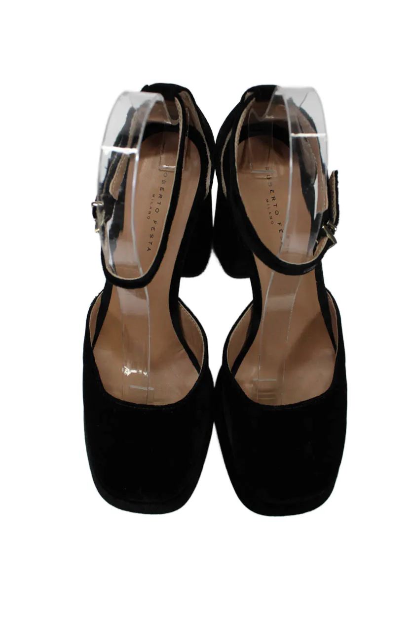 Roberto Festa Womens Velvet Platform Ankle Strap Heels Black