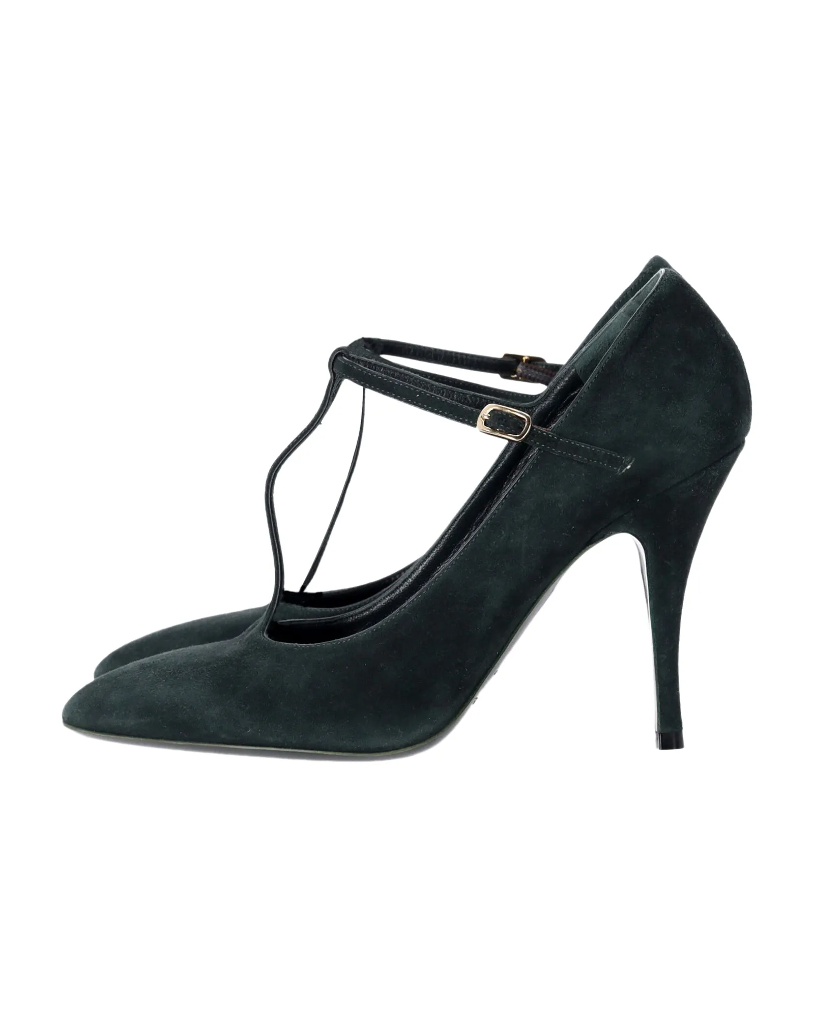 Rochas Green T-Strap Pumps in Green Suede