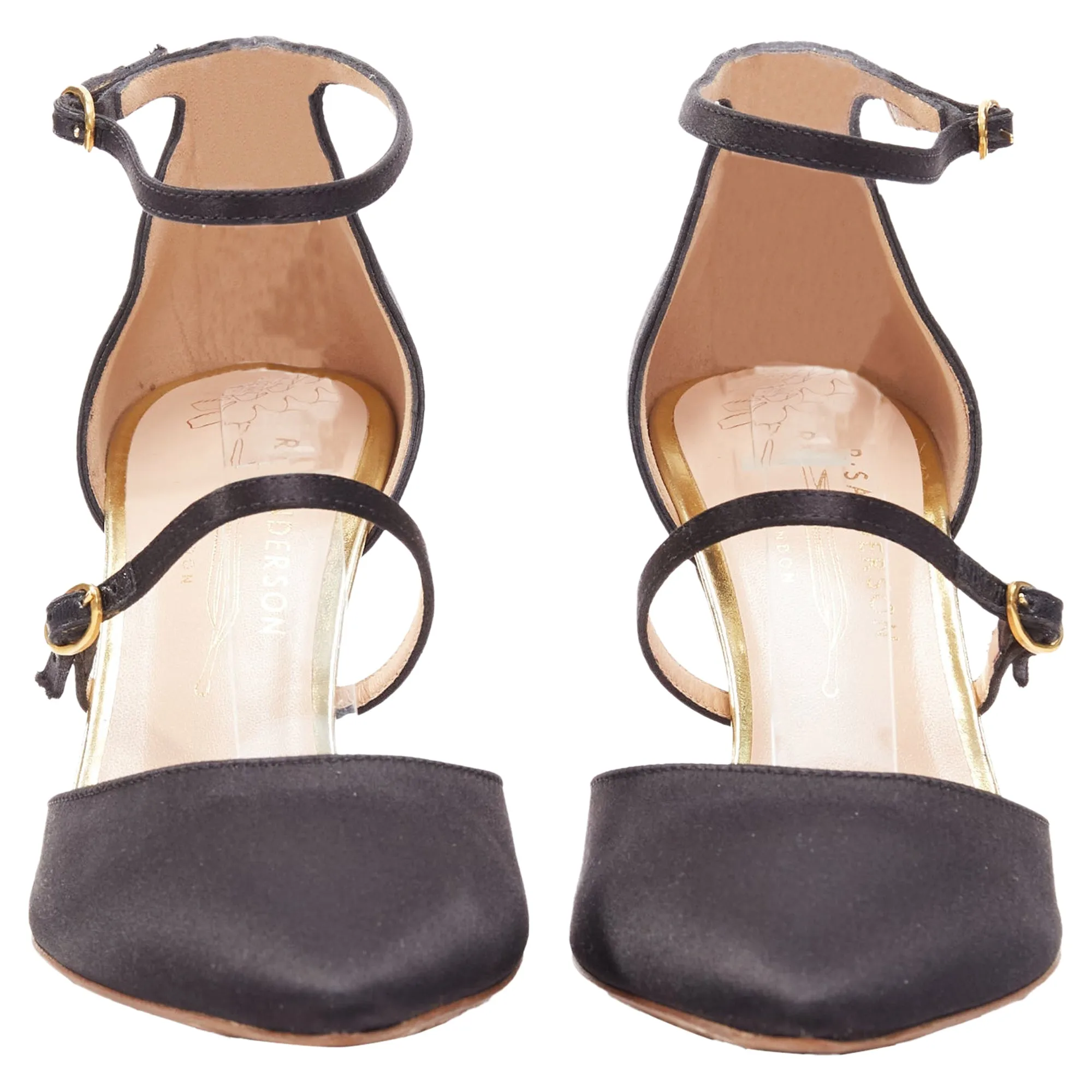 Rupert Sanderson Arletta Satin Gold Buckle Heels Pumps