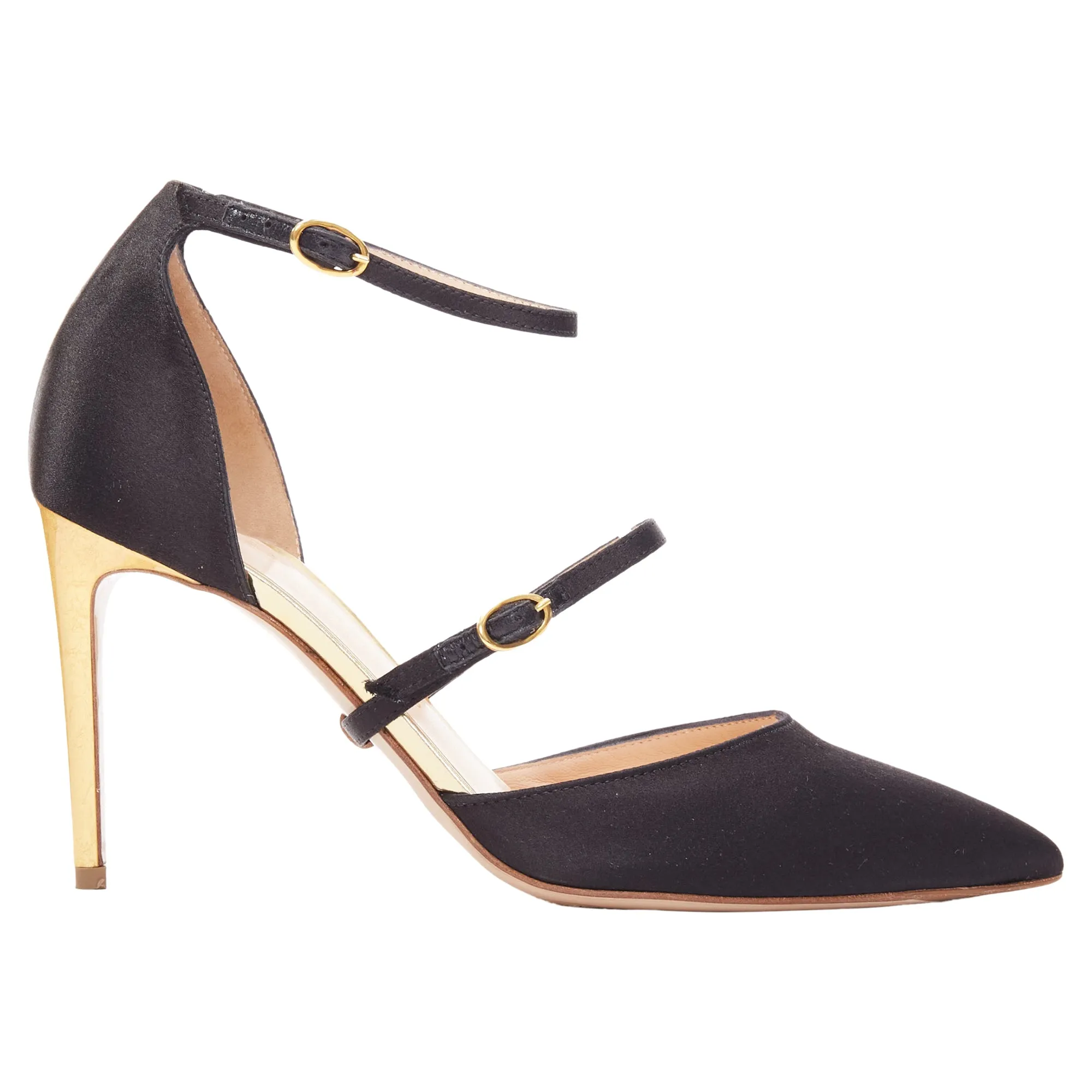 Rupert Sanderson Arletta Satin Gold Buckle Heels Pumps