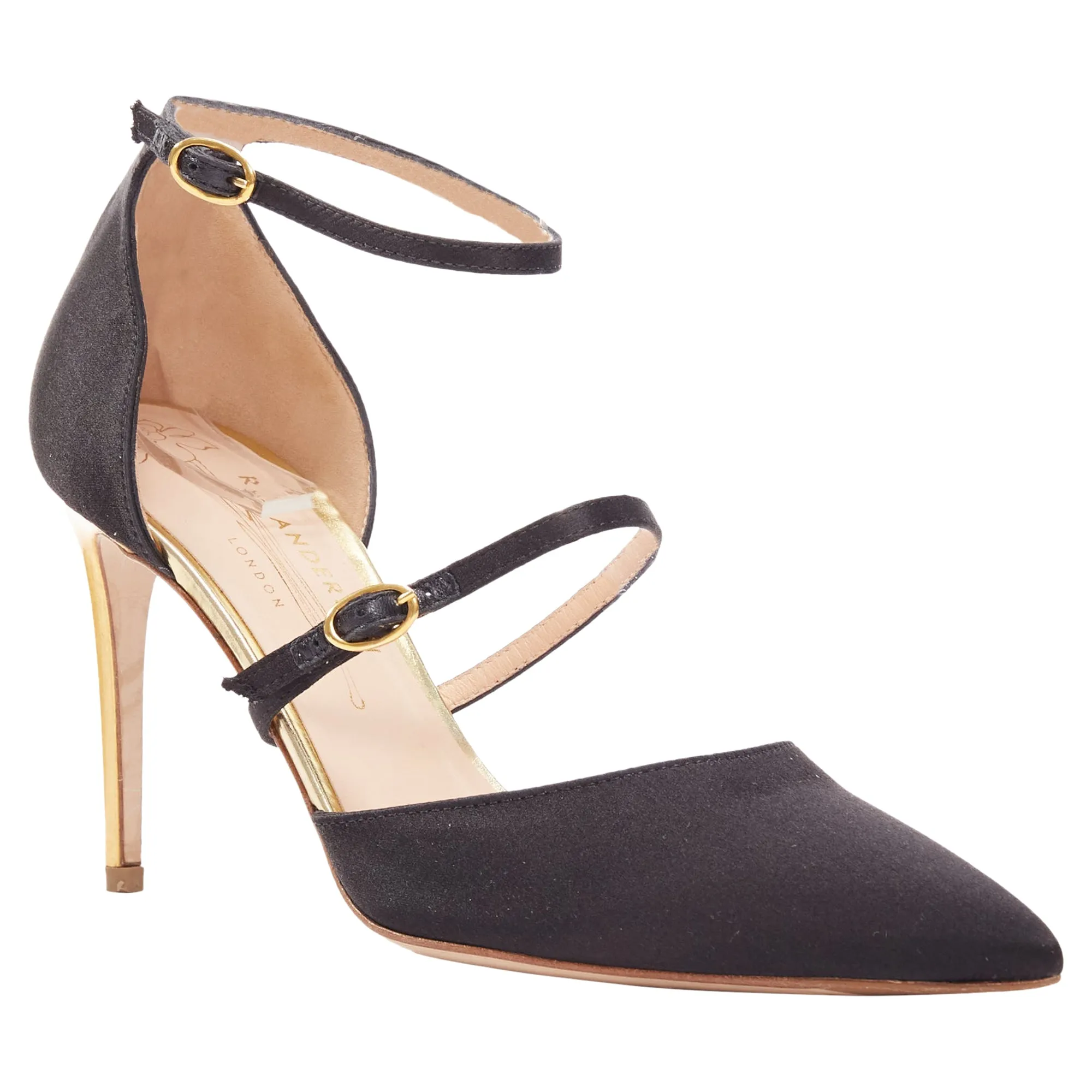 Rupert Sanderson Arletta Satin Gold Buckle Heels Pumps