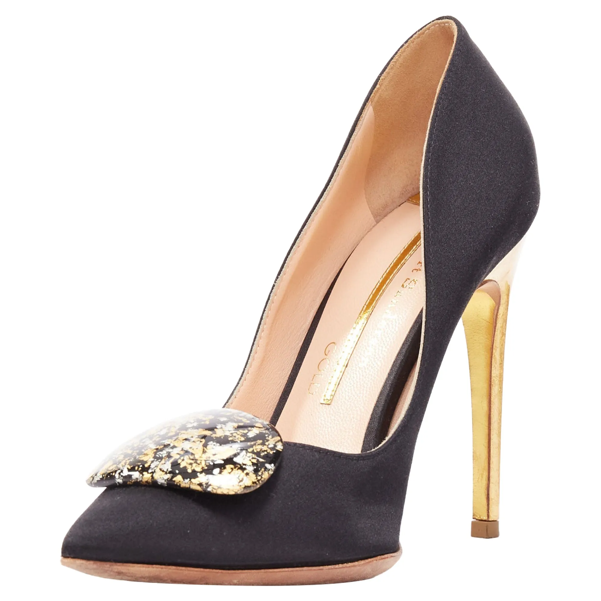 Rupert Sanderson Satin Gold Paint Buckle Heeled Pumps
