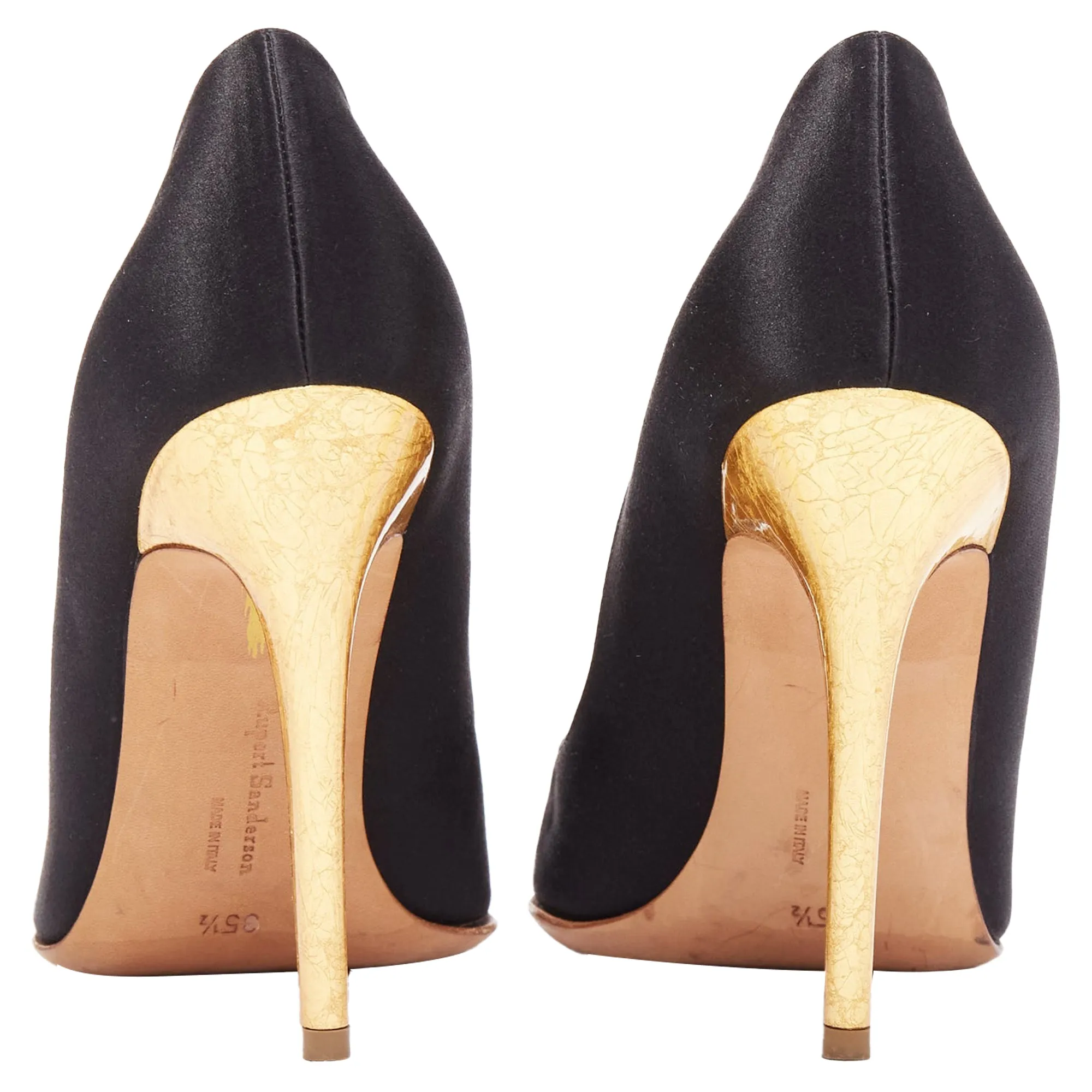 Rupert Sanderson Satin Gold Paint Buckle Heeled Pumps