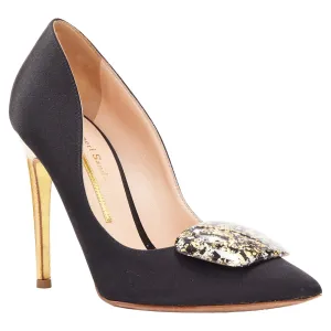 Rupert Sanderson Satin Gold Paint Buckle Heeled Pumps