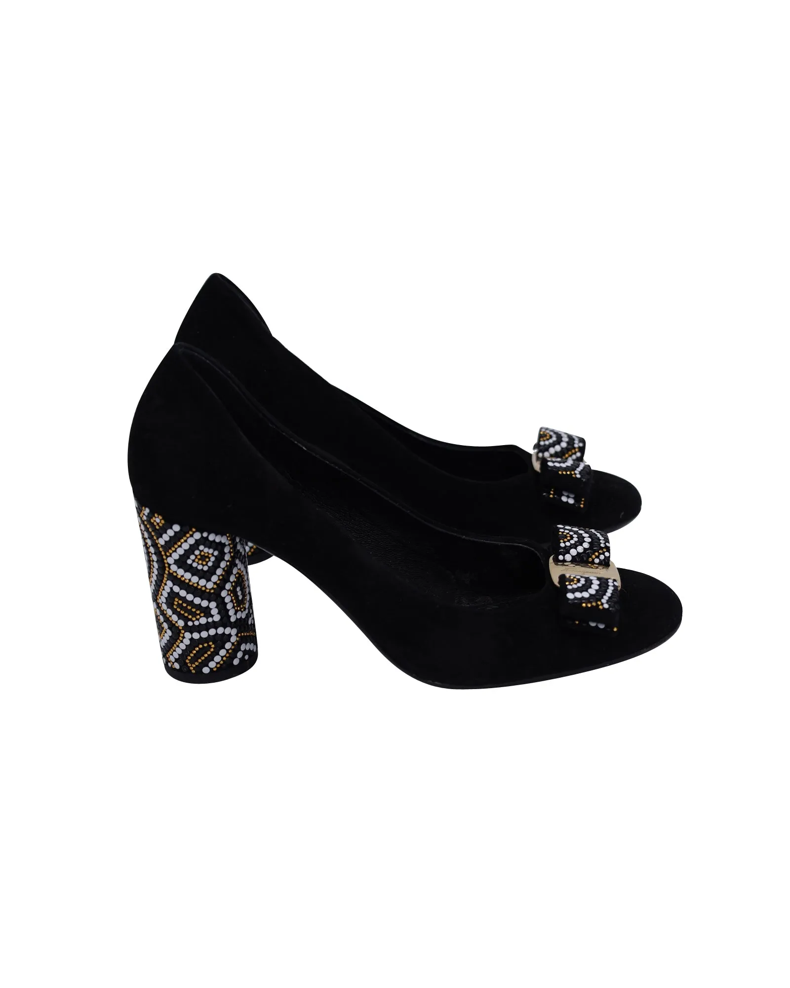 Salvatore Ferragamo Beaded Heel Vara Bow Pumps in Black Suede