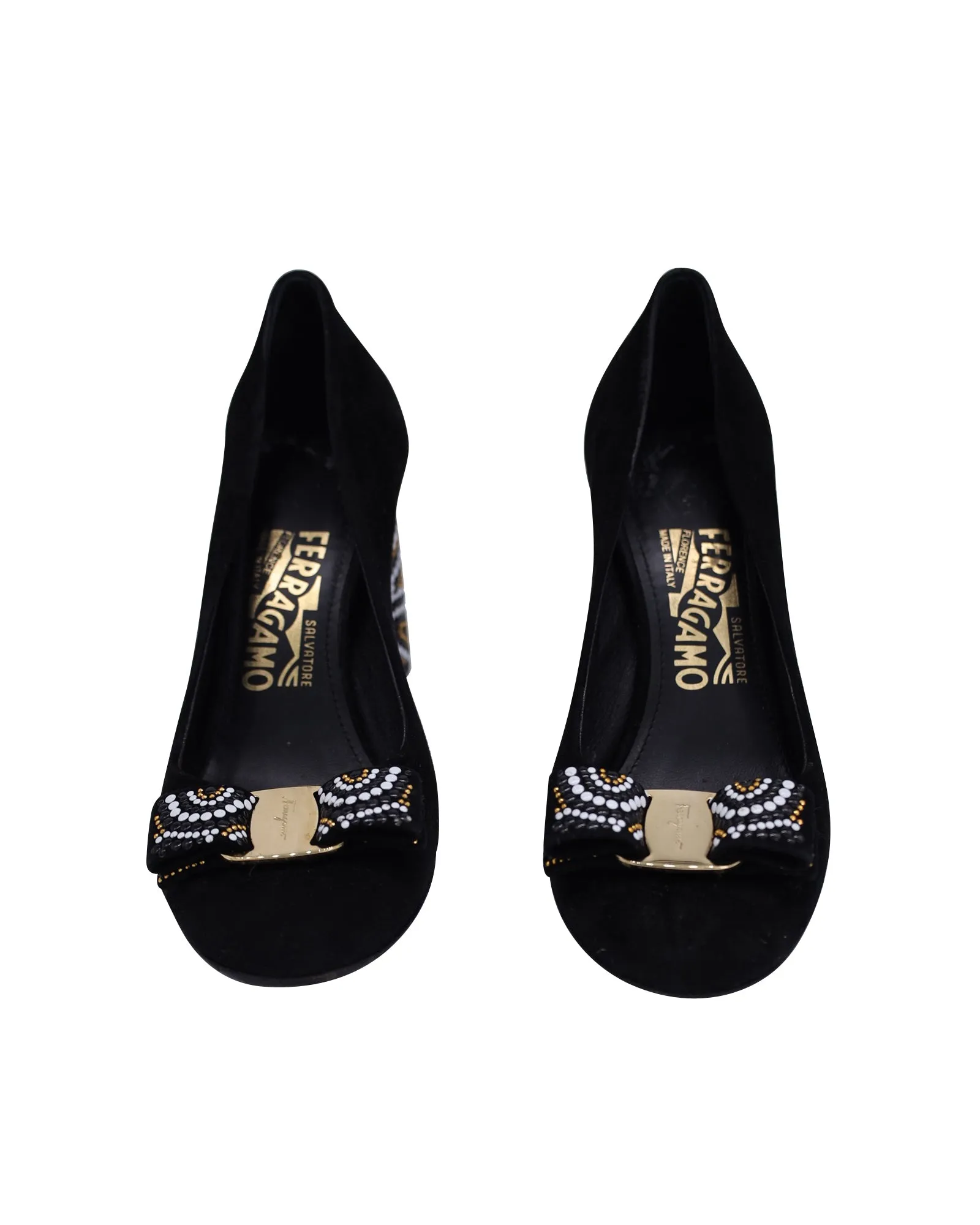 Salvatore Ferragamo Beaded Heel Vara Bow Pumps in Black Suede