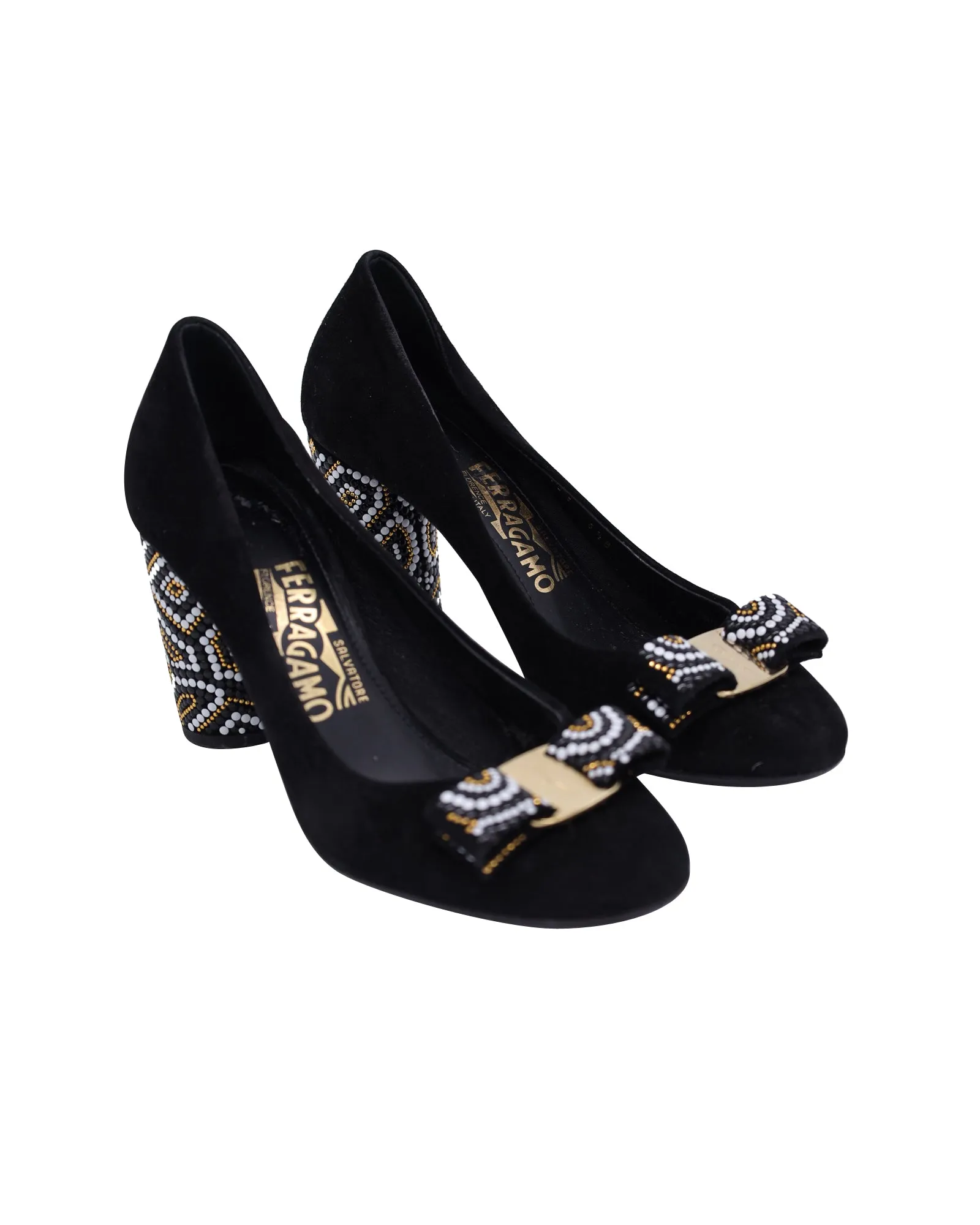 Salvatore Ferragamo Beaded Heel Vara Bow Pumps in Black Suede