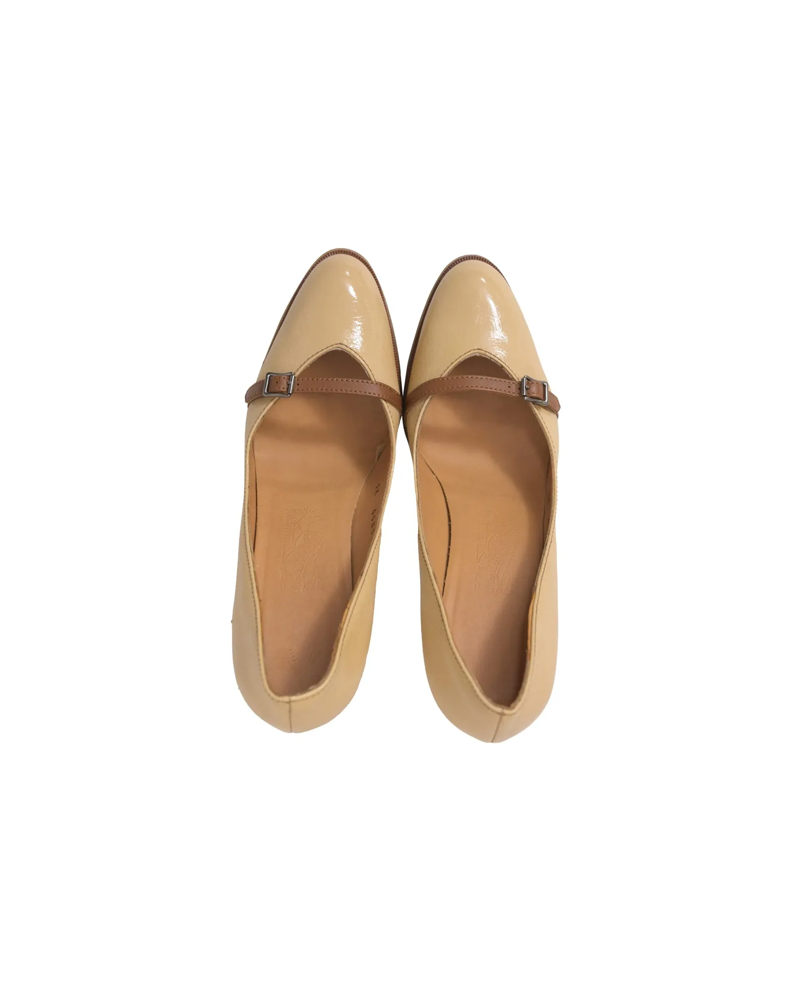 Salvatore Ferragamo Buckled-Strap Pumps in Camel Patent Leather