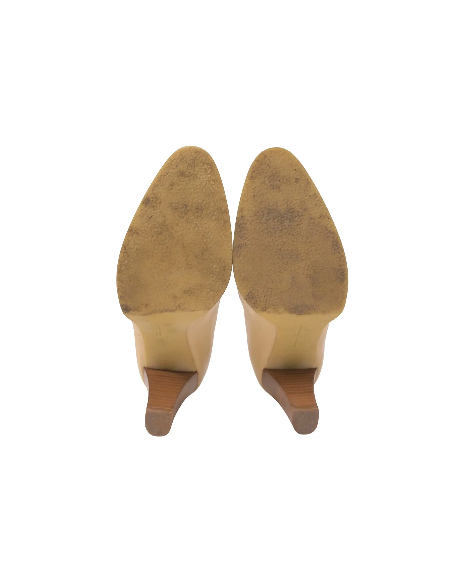 Salvatore Ferragamo Buckled-Strap Pumps in Camel Patent Leather