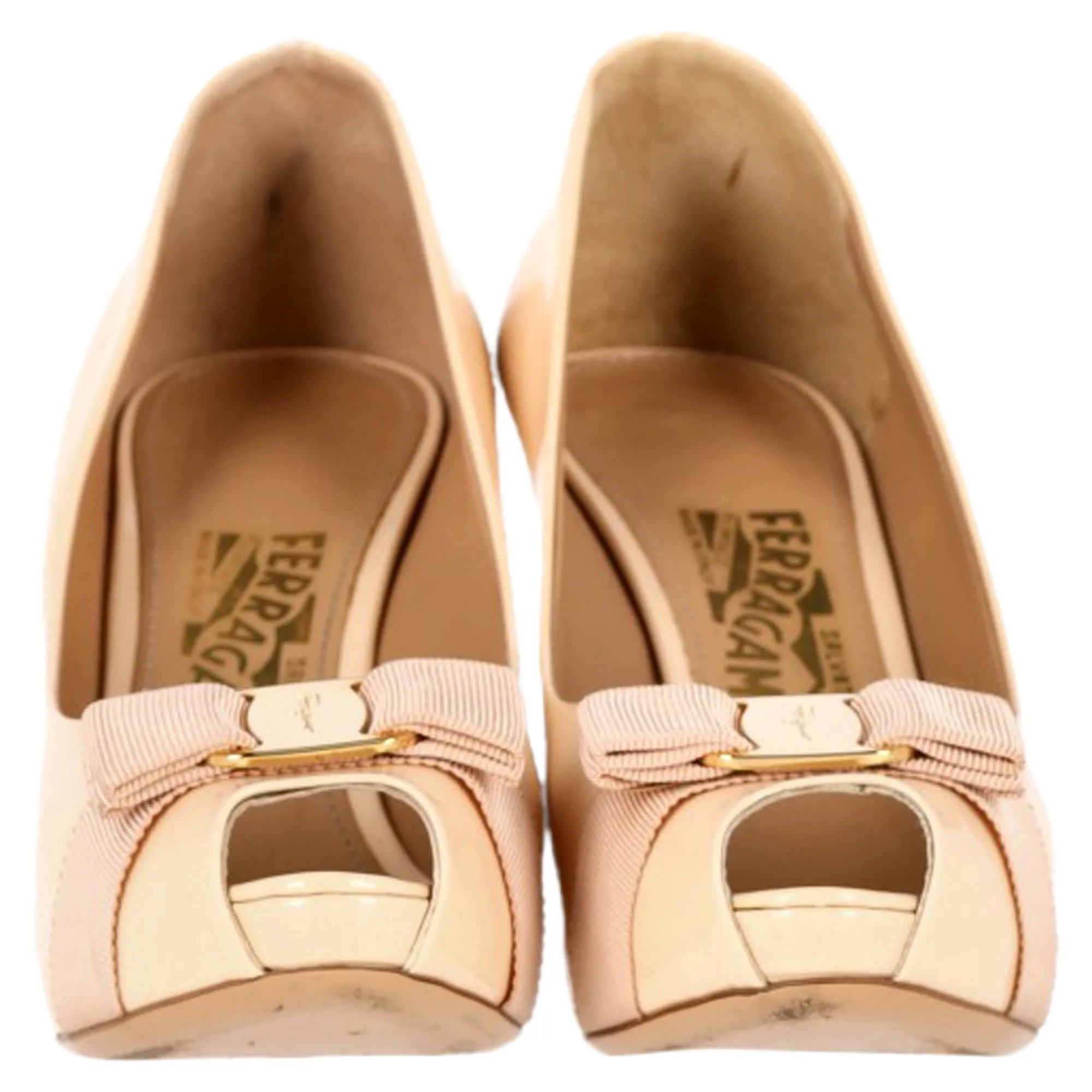 Salvatore Ferragamo Vara Bow Peep-Toe Pumps in Nude Patent Leather