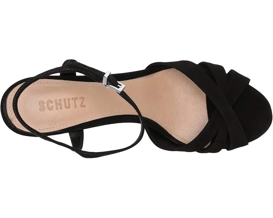 Schutz Keefa Women's 11 Black Leather Block High-Heel Platform Sandals FZP581