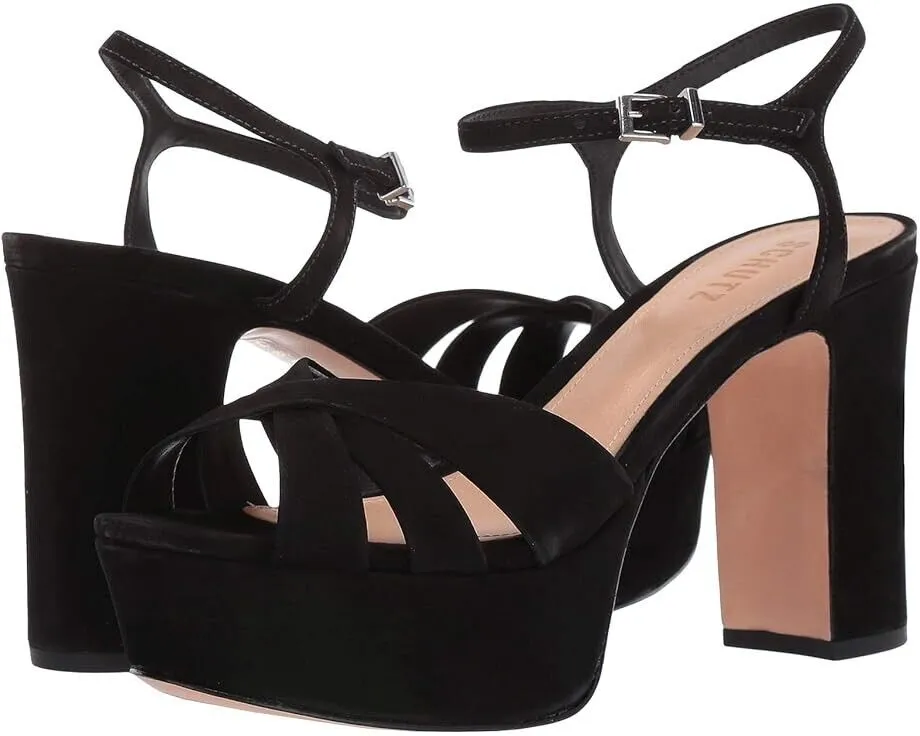 Schutz Keefa Women's 11 Black Leather Block High-Heel Platform Sandals FZP581