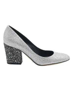 Sergio Rossi Sparkling Pumps in Metallic Silver Glitter and Leather