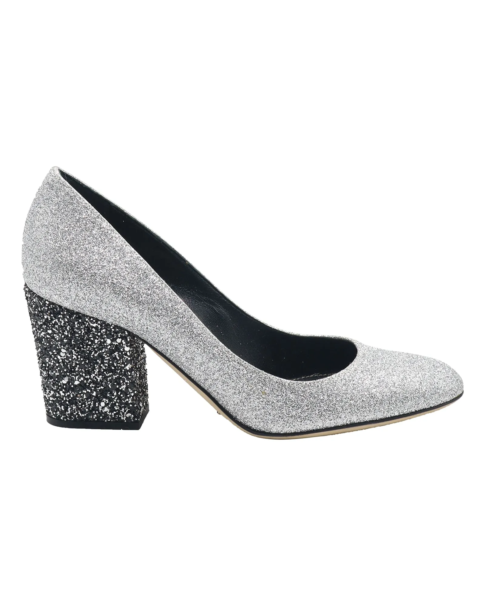 Sergio Rossi Sparkling Pumps in Metallic Silver Glitter and Leather