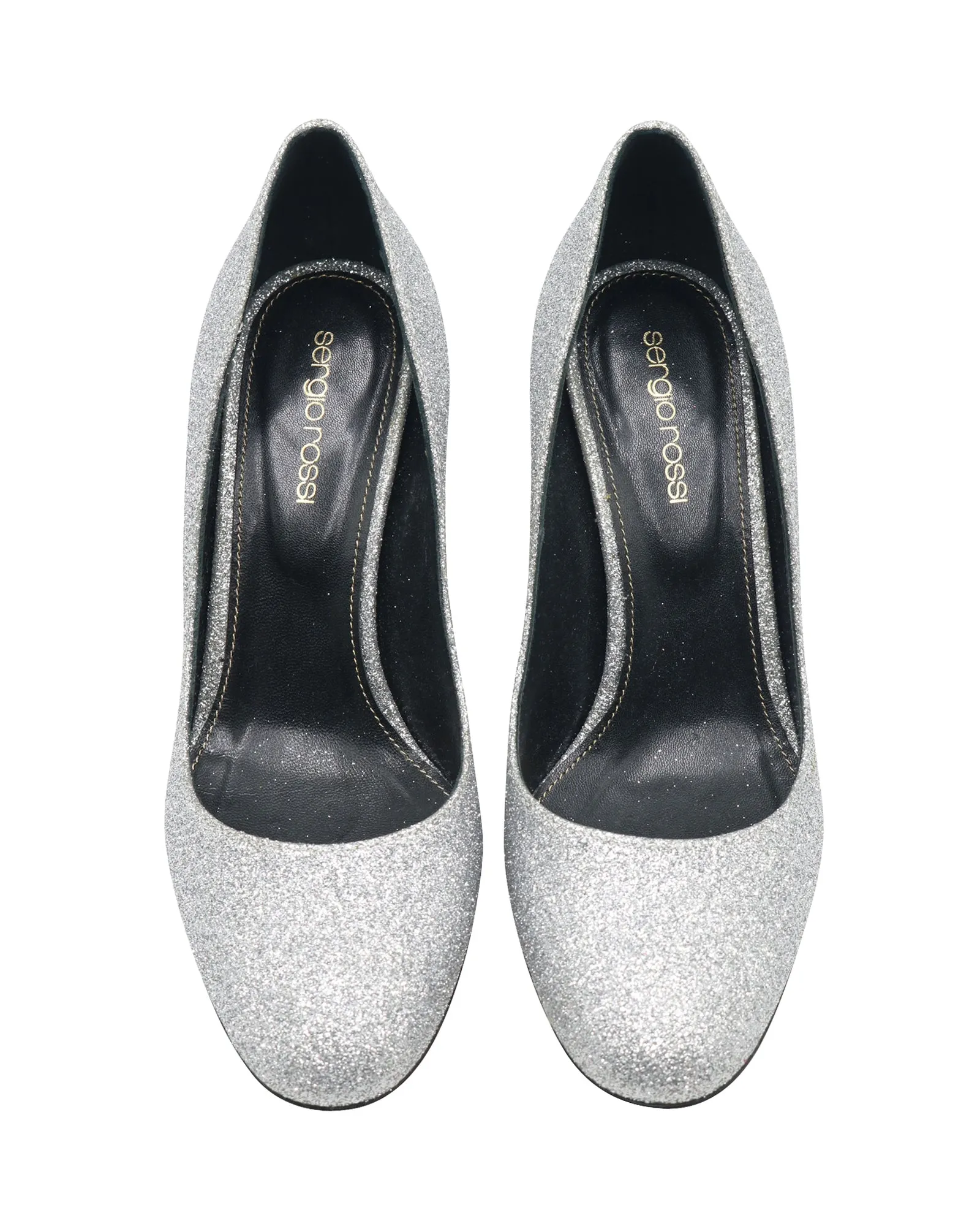 Sergio Rossi Sparkling Pumps in Metallic Silver Glitter and Leather