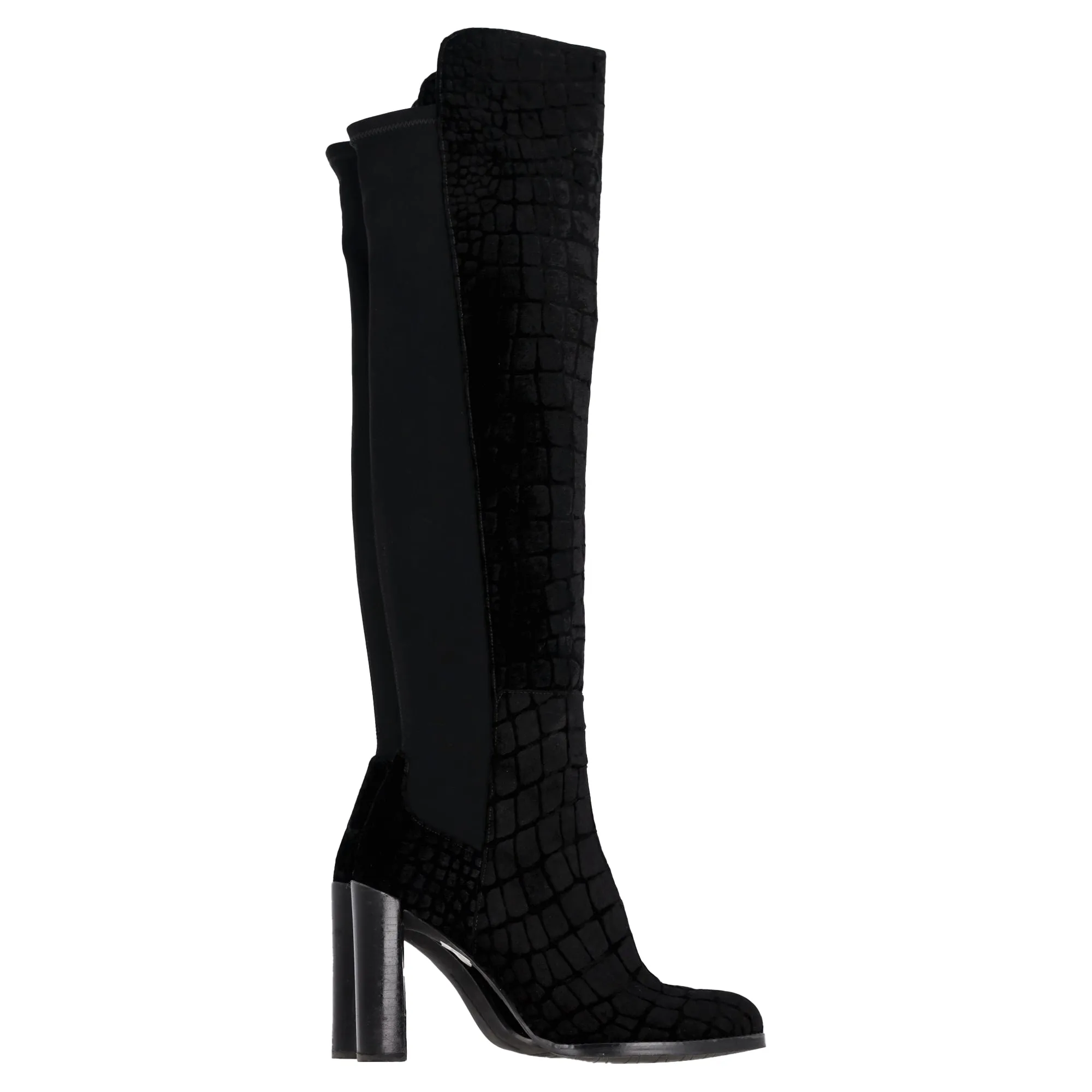 Stuart Weitzman Crocodile-Embossed Knee-High Heeled Boots in Black Velvet