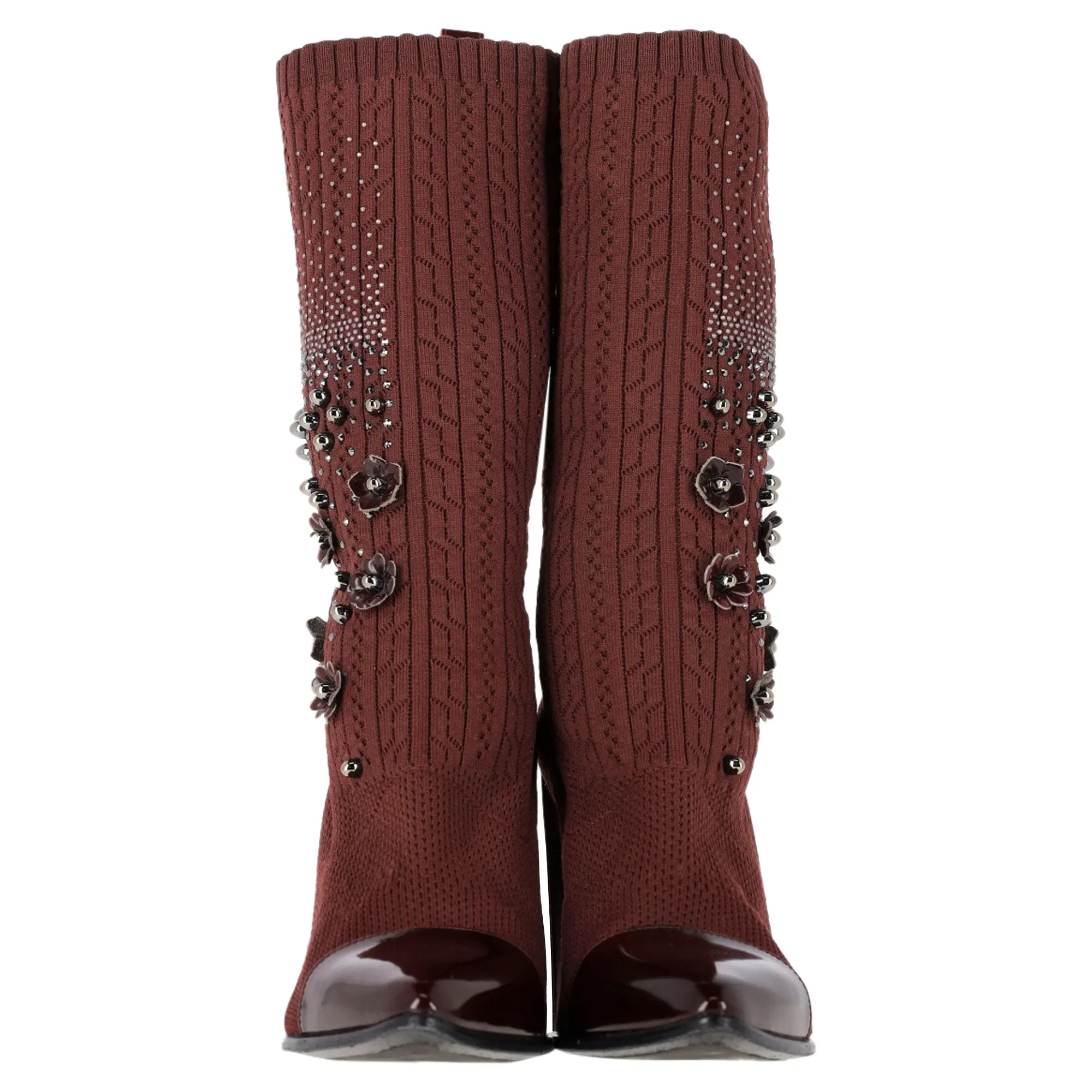 Stuart Weitzman Embellished Knitted Sock Ankle Boots in Brown Wool