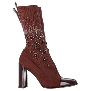 Stuart Weitzman Embellished Knitted Sock Ankle Boots in Brown Wool
