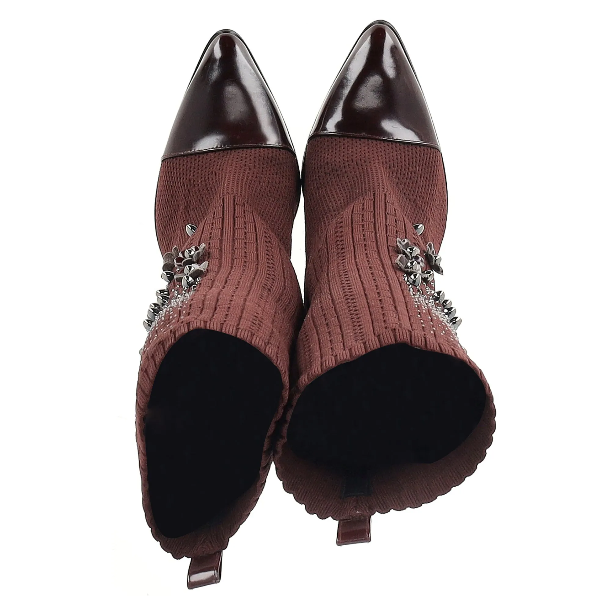 Stuart Weitzman Embellished Knitted Sock Ankle Boots in Brown Wool