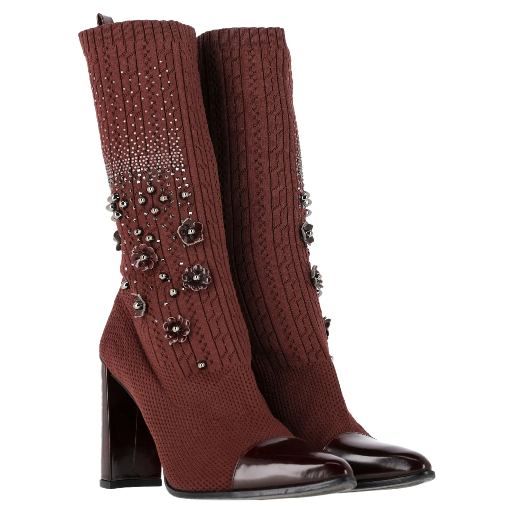 Stuart Weitzman Embellished Knitted Sock Ankle Boots in Brown Wool