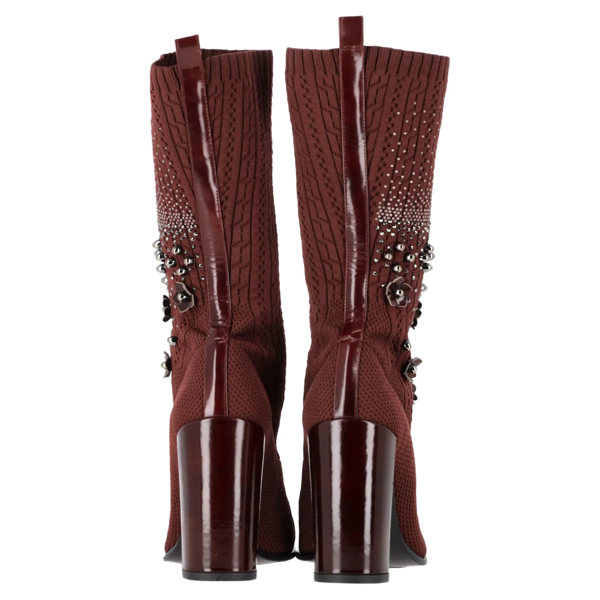 Stuart Weitzman Embellished Knitted Sock Ankle Boots in Brown Wool