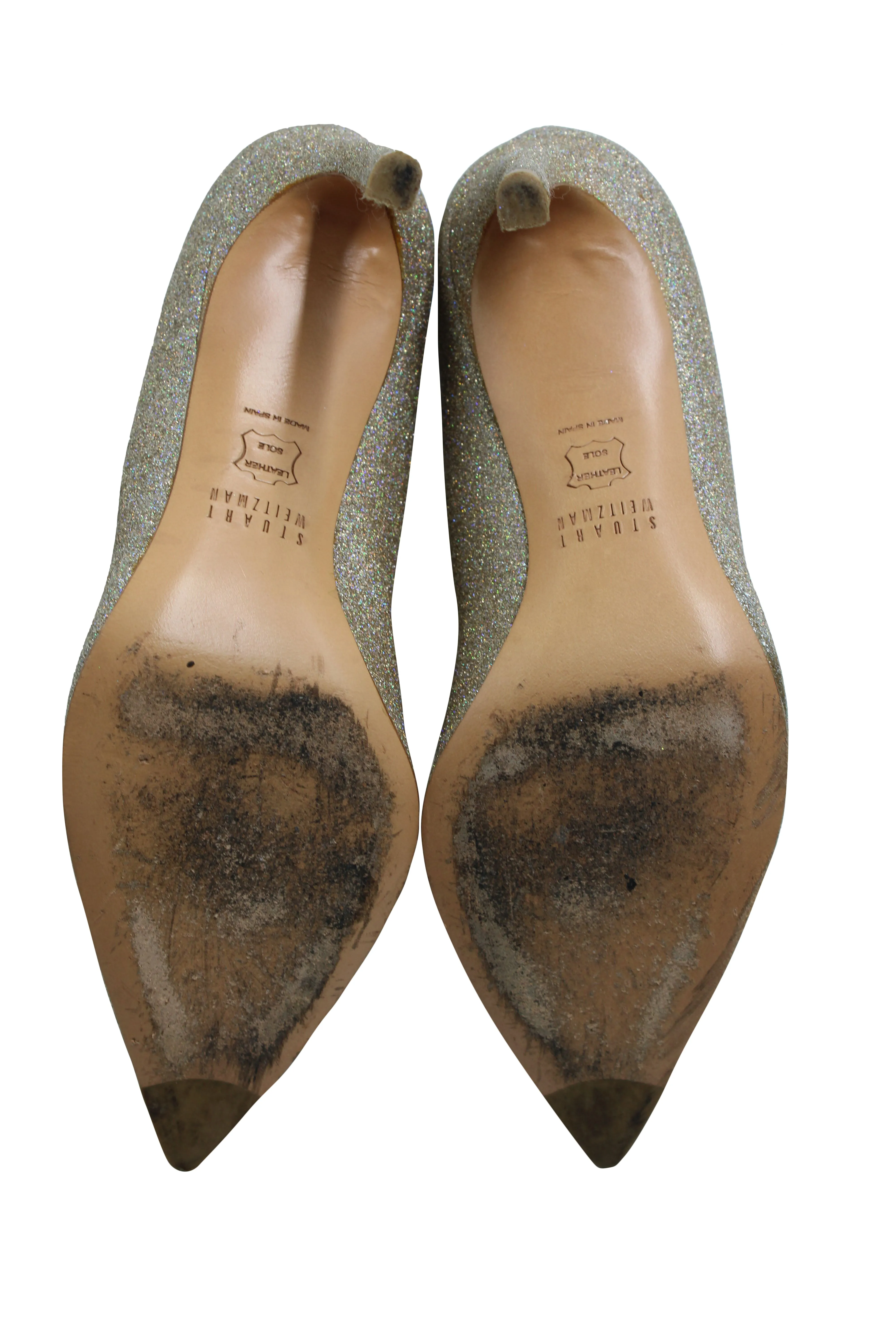 Stuart Weitzman Heist 95 Pumps in Gold Glitter Lam Leather