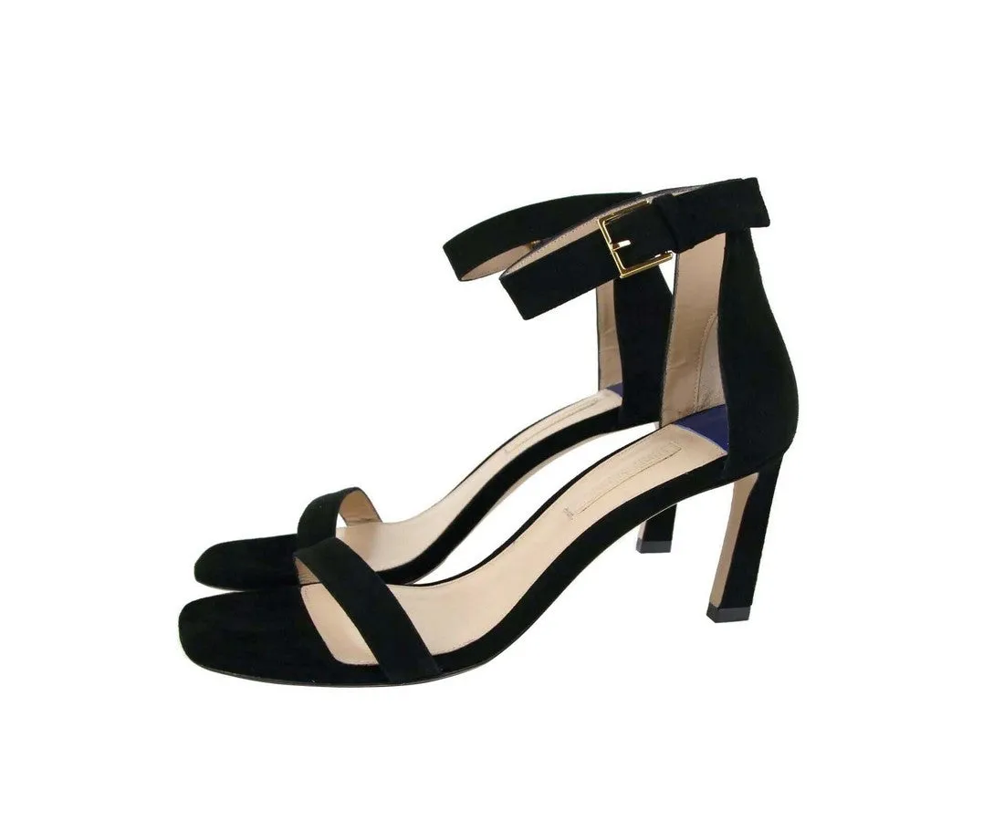 Stuart Weitzman Women's Squarenudist Suede Heel Sandal With Ankle Strap