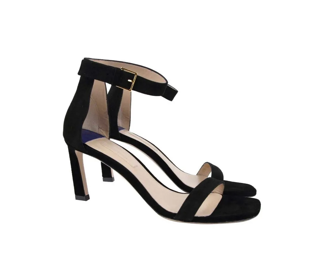 Stuart Weitzman Women's Squarenudist Suede Heel Sandal With Ankle Strap