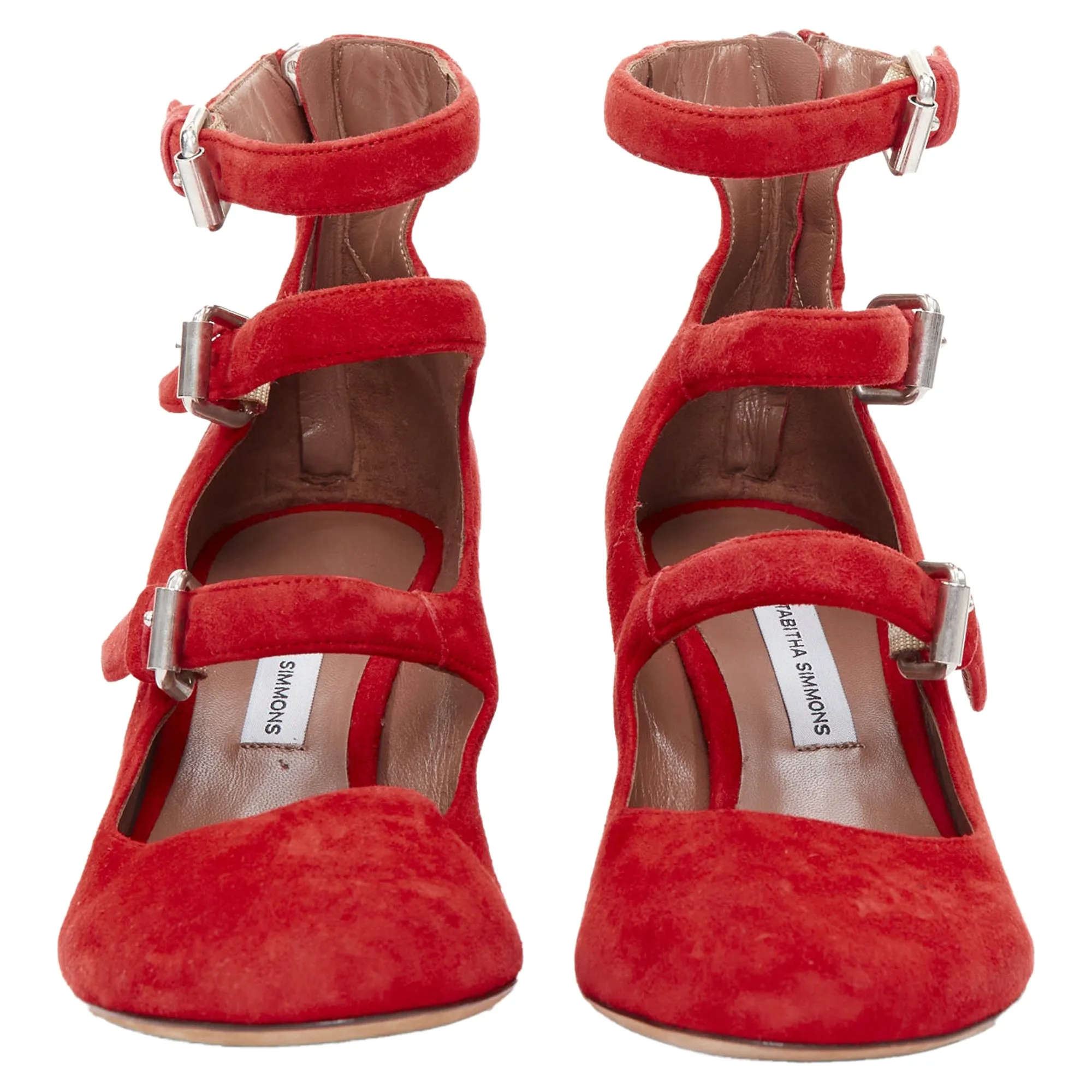 Tabitha Simmons Moda Suede Leather Silver Buckles Strappy Heels